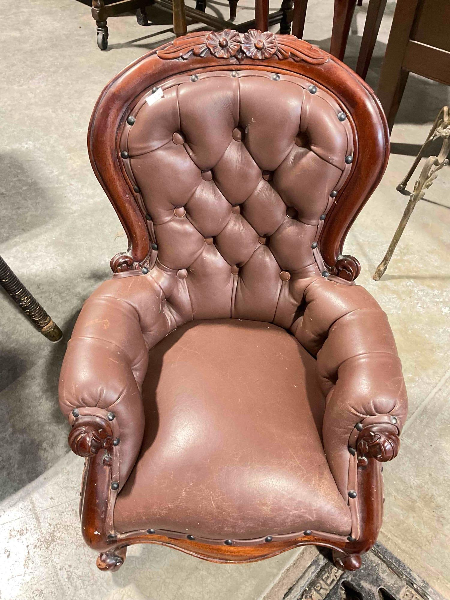 Precious Vintage Wood & Brown Leather Tufted Doll's Armchair. Very Good Condition. See pics.: Precious Vintage Wood & Brown Leather Tufted Doll's Armchair. Very Good Condition. Petite as can be. Minor wear indicative of age, condition is otherwise very good. Measures 15" x 13" x 21"