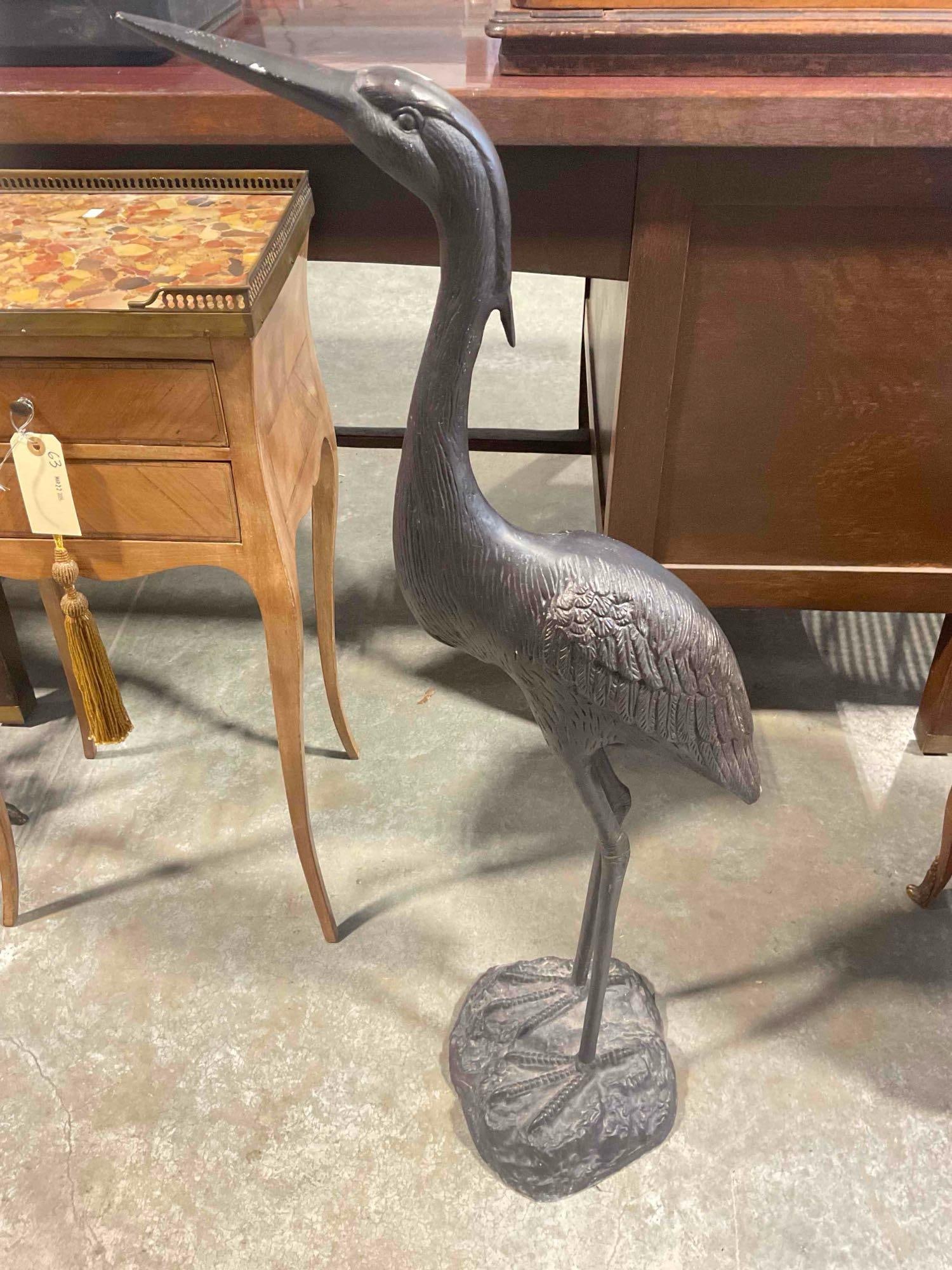 Dark Patinated Bronze Colored Metal Great Blue Heron Yard Art Statue. Very Good Condition.: Dark Patinated Bronze Colored Metal Great Blue Heron Yard Art Statue. Very Good Condition. Unsure of metal, has aluminum colored scratches on beak and is very light for its size. Minor wear