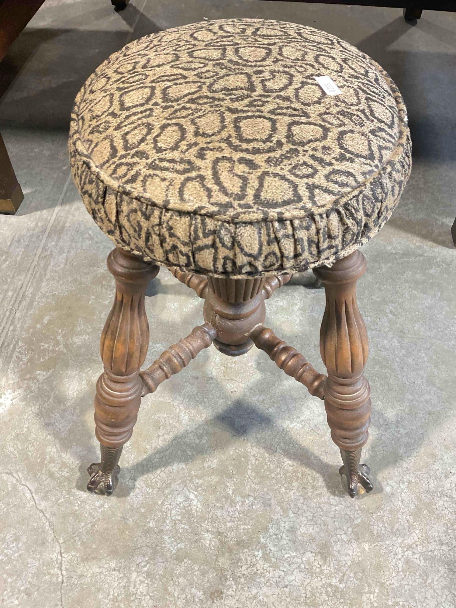 Antique Wooden Piano Stool w/ Metal Claw & Glass Ball Feet & Modern Reupholstery Work.: Antique Wooden Piano Stool w/ Metal Claw & Glass Ball Feet & Modern Reupholstery Work. Fun animal print fabric and fantastic feet. Minor wear indicative of age, condition is otherwise very goo