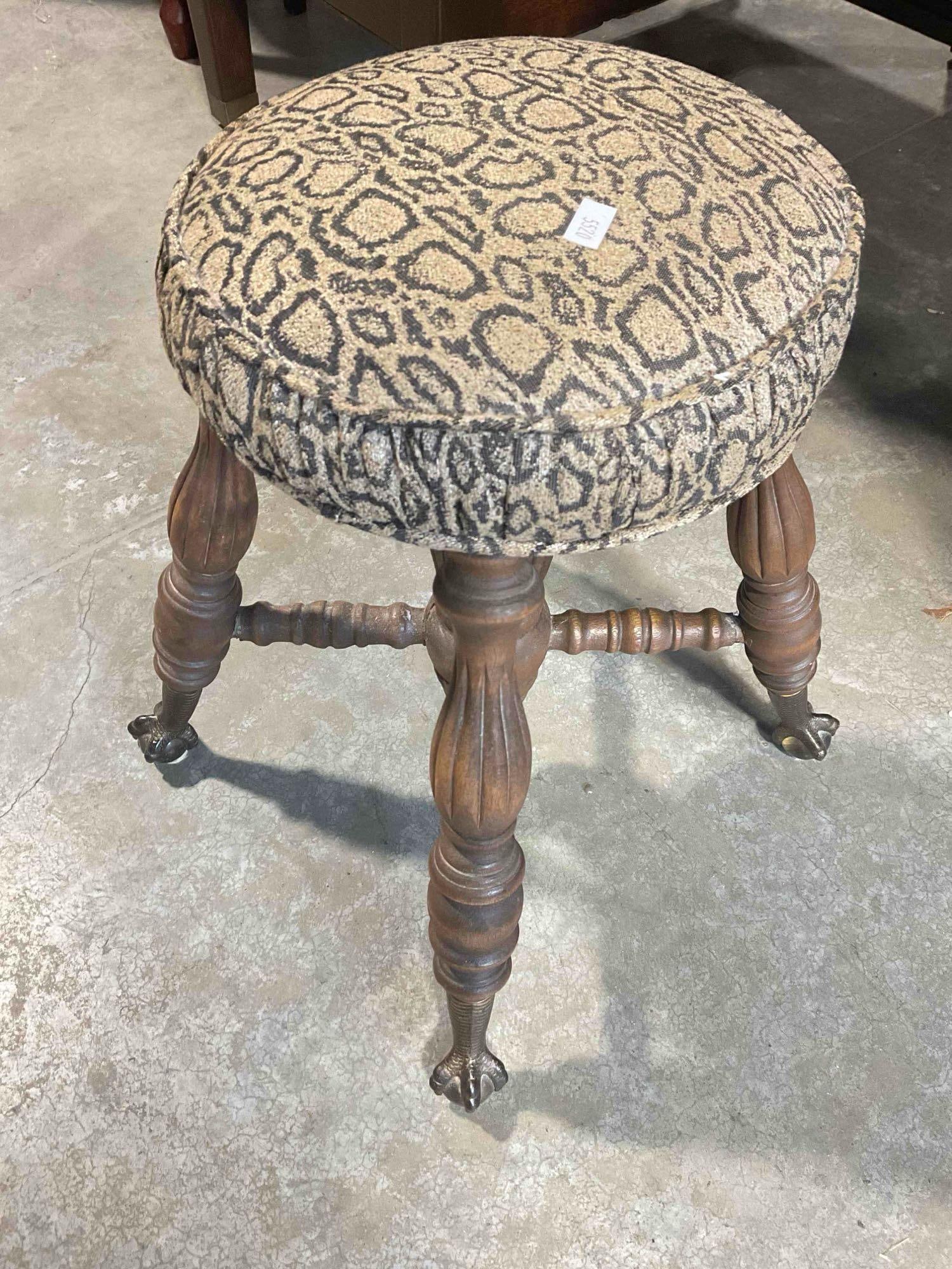 Antique Wooden Piano Stool w/ Metal Claw & Glass Ball Feet & Modern Reupholstery Work. - 2