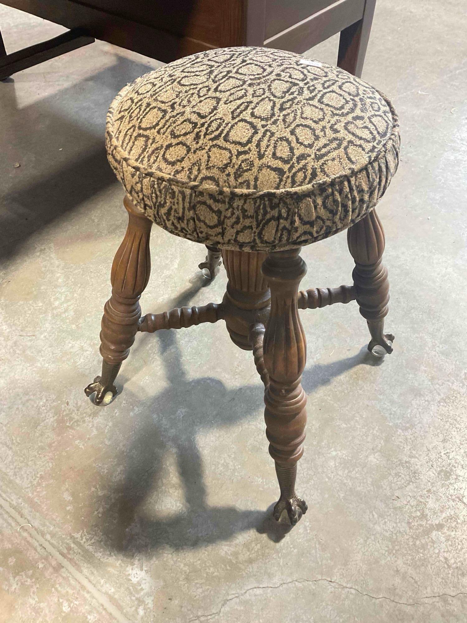 Antique Wooden Piano Stool w/ Metal Claw & Glass Ball Feet & Modern Reupholstery Work. - 3