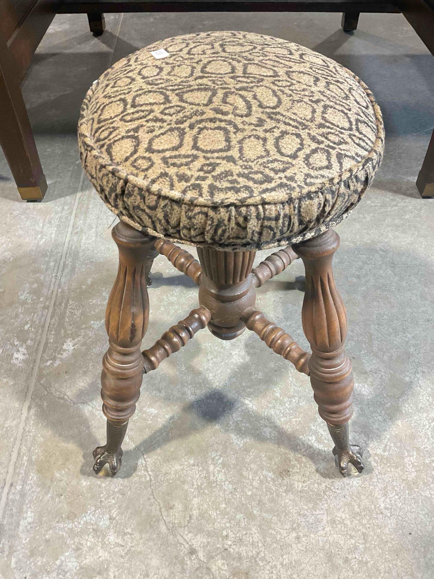 Antique Wooden Piano Stool w/ Metal Claw & Glass Ball Feet & Modern Reupholstery Work. - 4