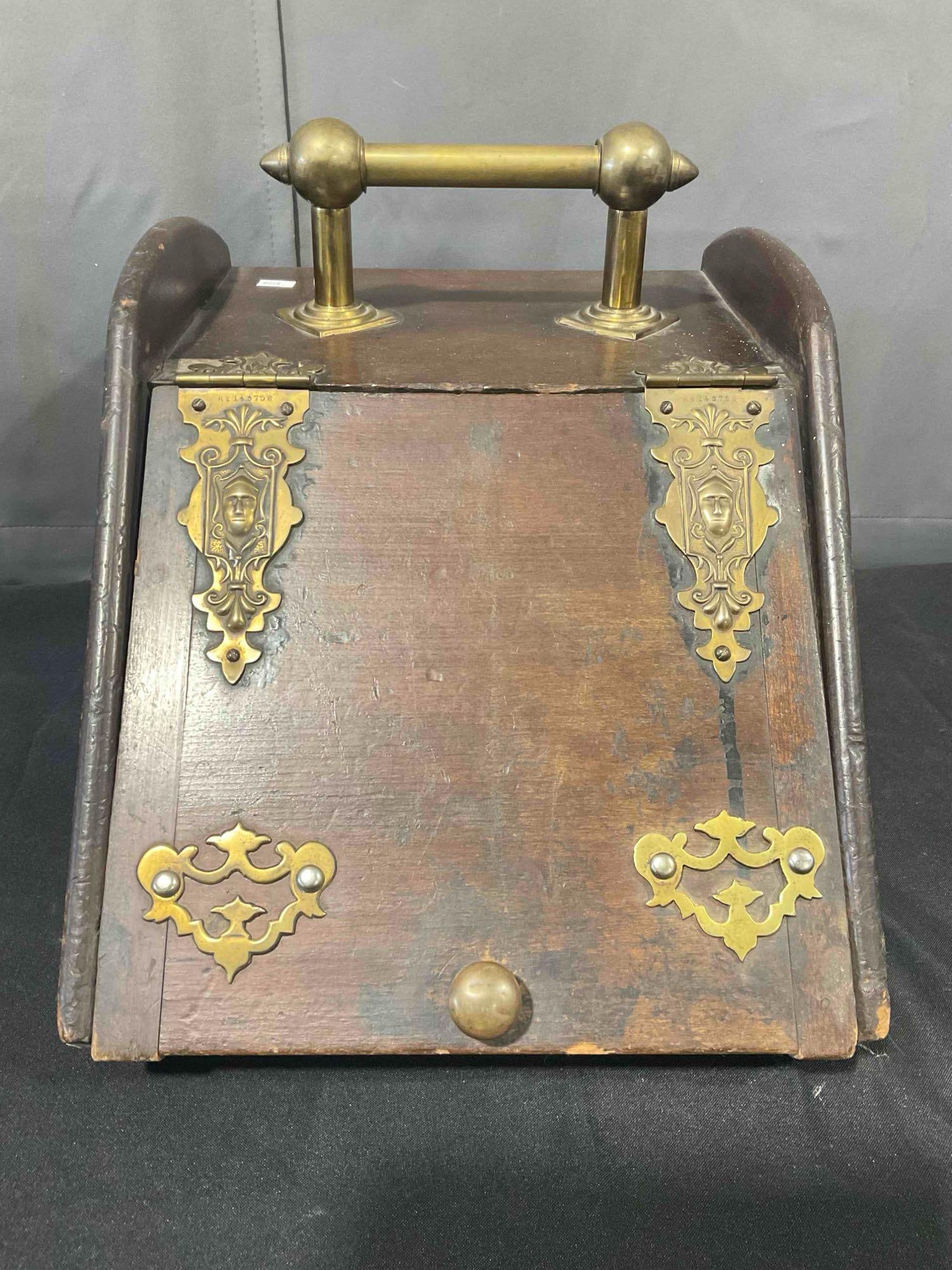 Antique Victorian Mahogany? Wood & Brass Coal Scuttle w/ Ornate Details. Good Condition.: Antique Victorian Mahogany? Wood & Brass Coal Scuttle w/ Ornate Details. Good Condition. exterior has wear indicative of age, interior metal is torn and rusted, condition is otherwise good. Measur