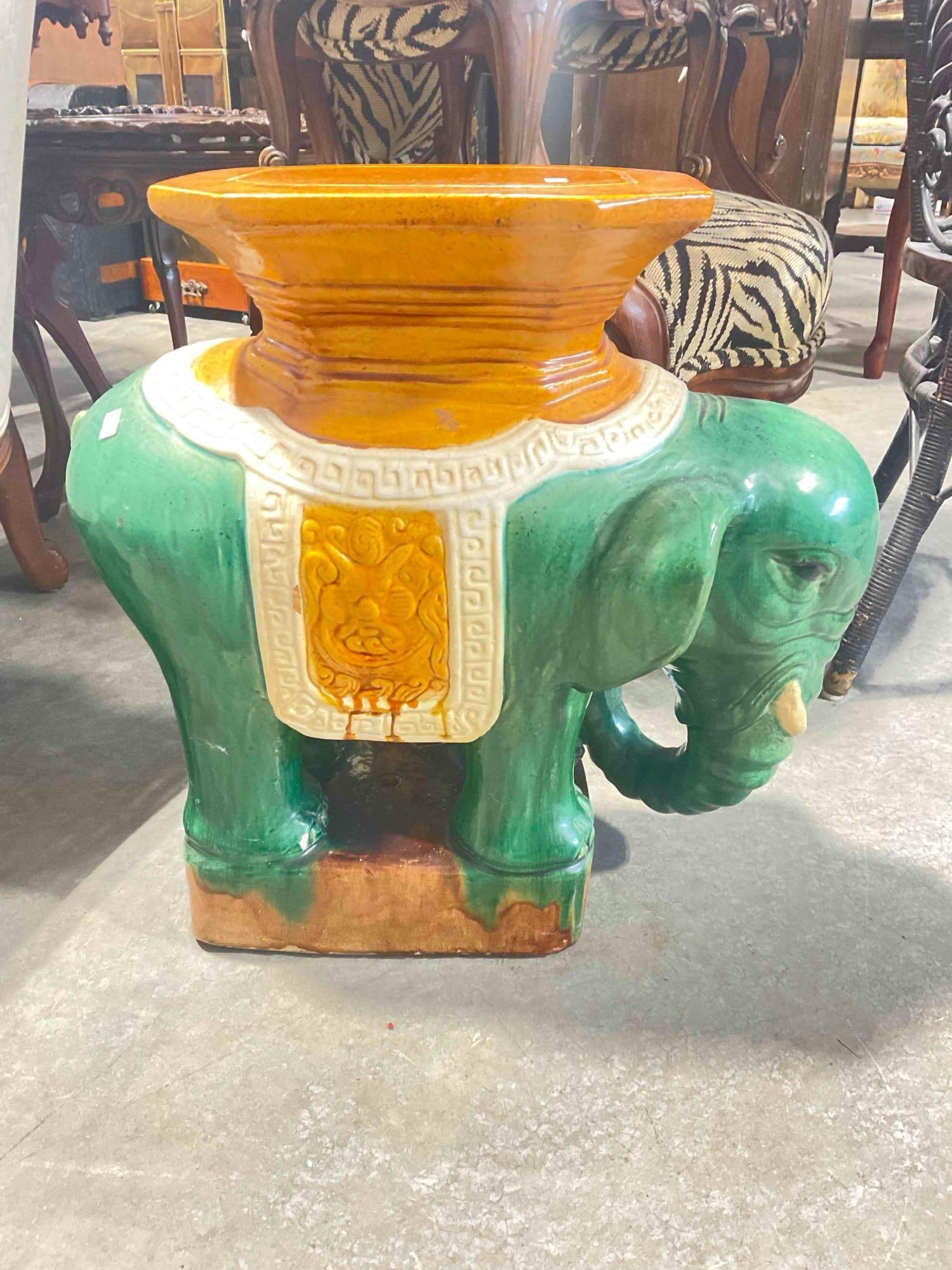 Vintage Green & Ochre Ceramic Elephant Planter Statuette. Very Good Condition. See pics.: Vintage Green & Ochre Ceramic Elephant Planter Statuette. Very Good Condition. Top has some cracks, paint has some imperfections, condition is otherwise very good. Measures 11" x 22" x 20"