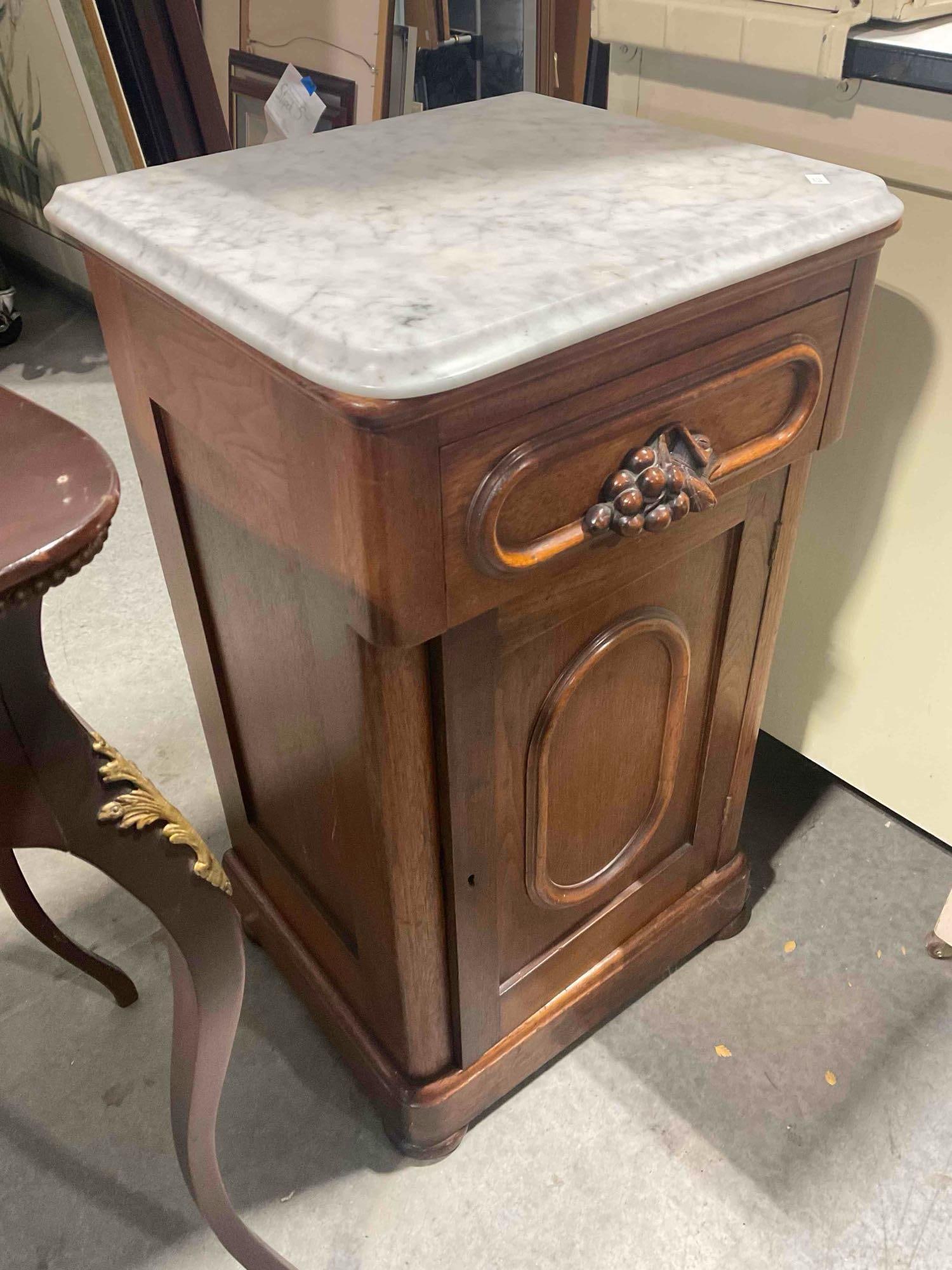 Antique Walnut Wood Half-Commode/Night Stand w/ Gray Marble Top. Very Good Condition. - 2