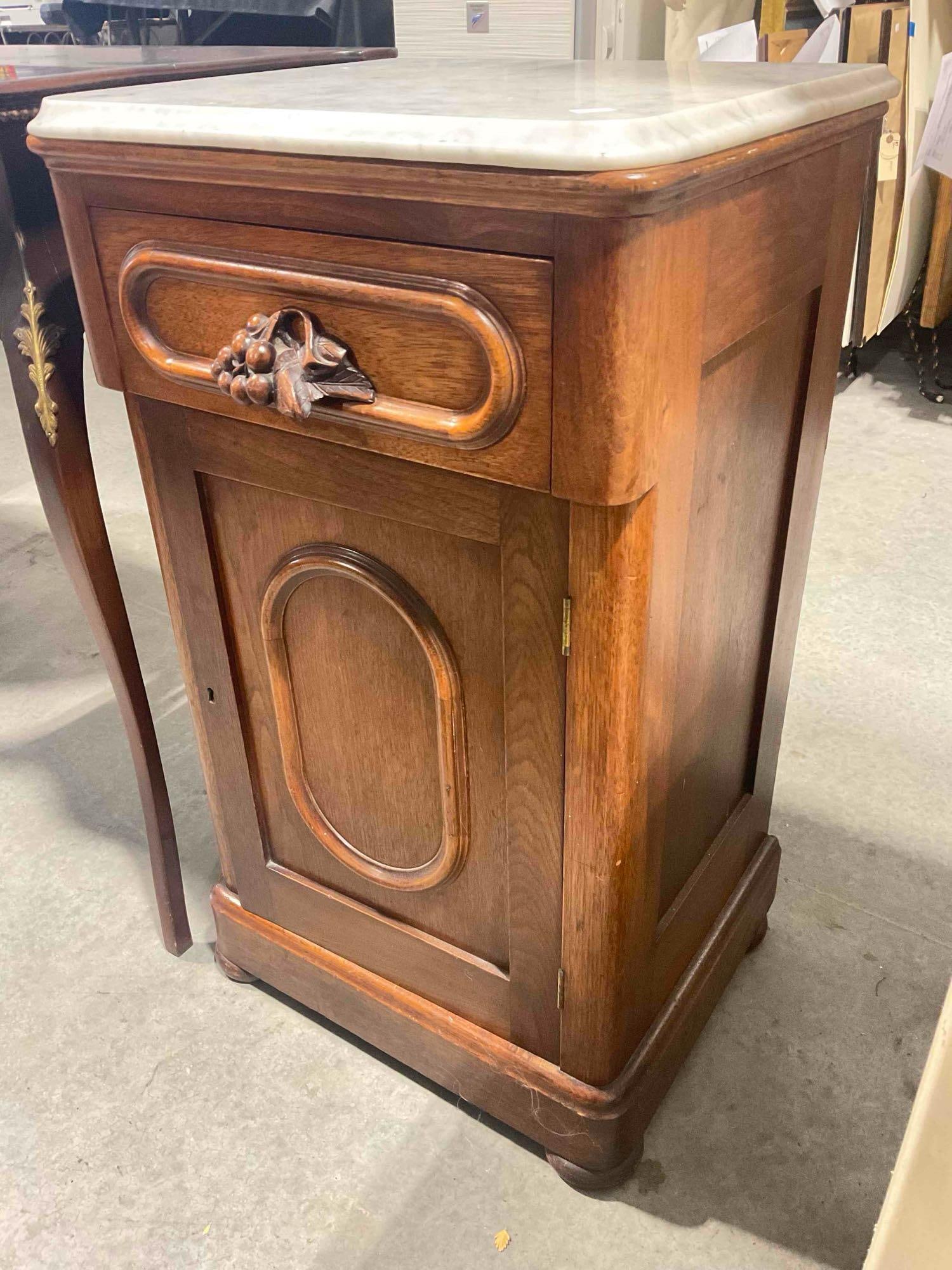 Antique Walnut Wood Half-Commode/Night Stand w/ Gray Marble Top. Very Good Condition. - 3
