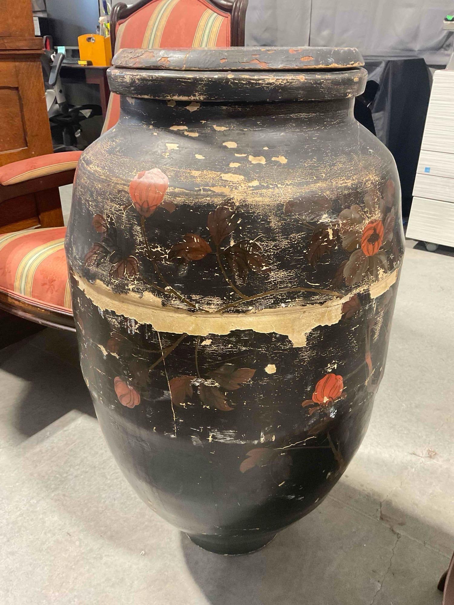 Antique Large Asian Black Painted Ceramic Vase w/ Wooden Lid & Red Floral Motif. See pics. - 2