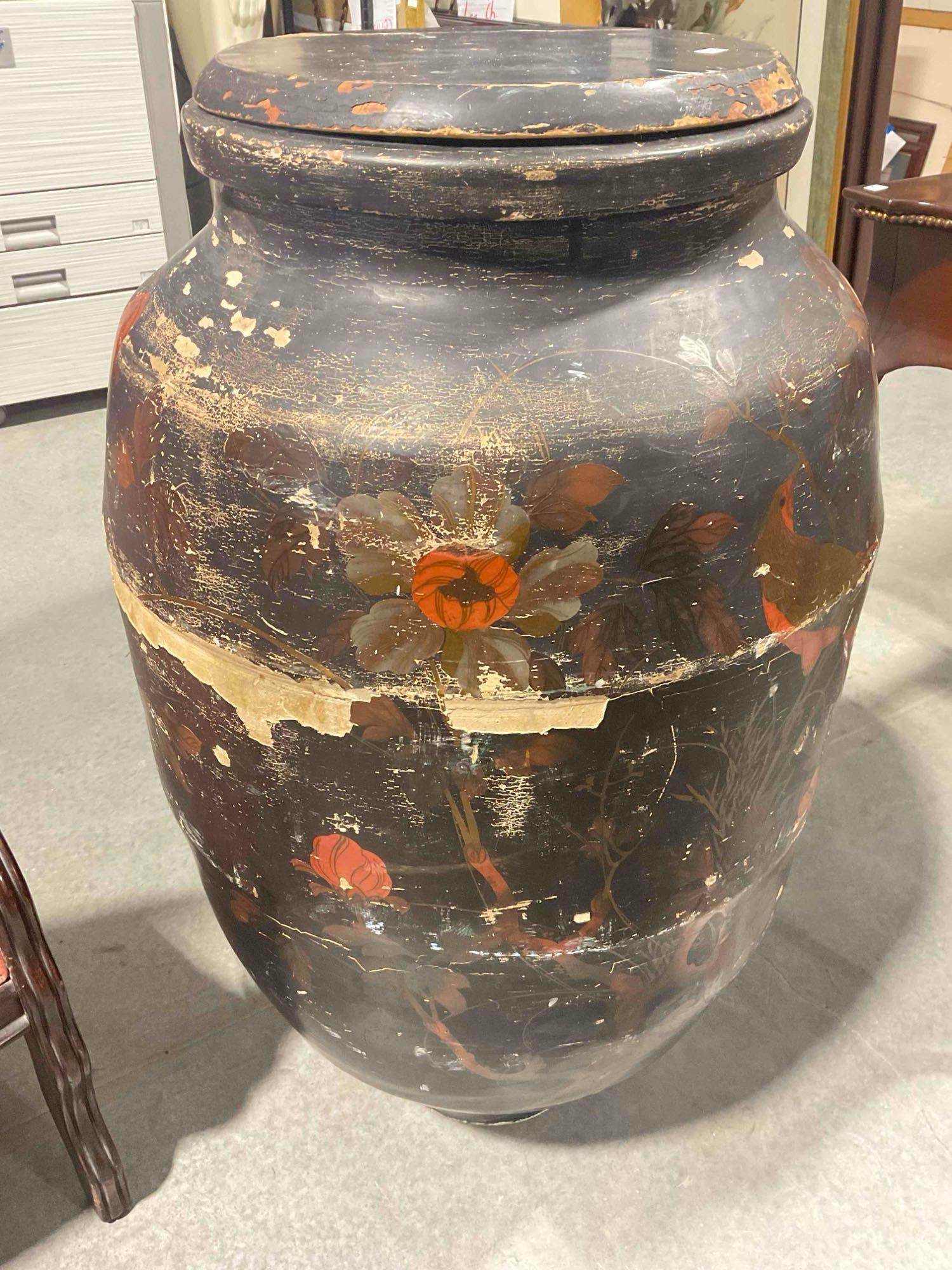 Antique Large Asian Black Painted Ceramic Vase w/ Wooden Lid & Red Floral Motif. See pics. - 3