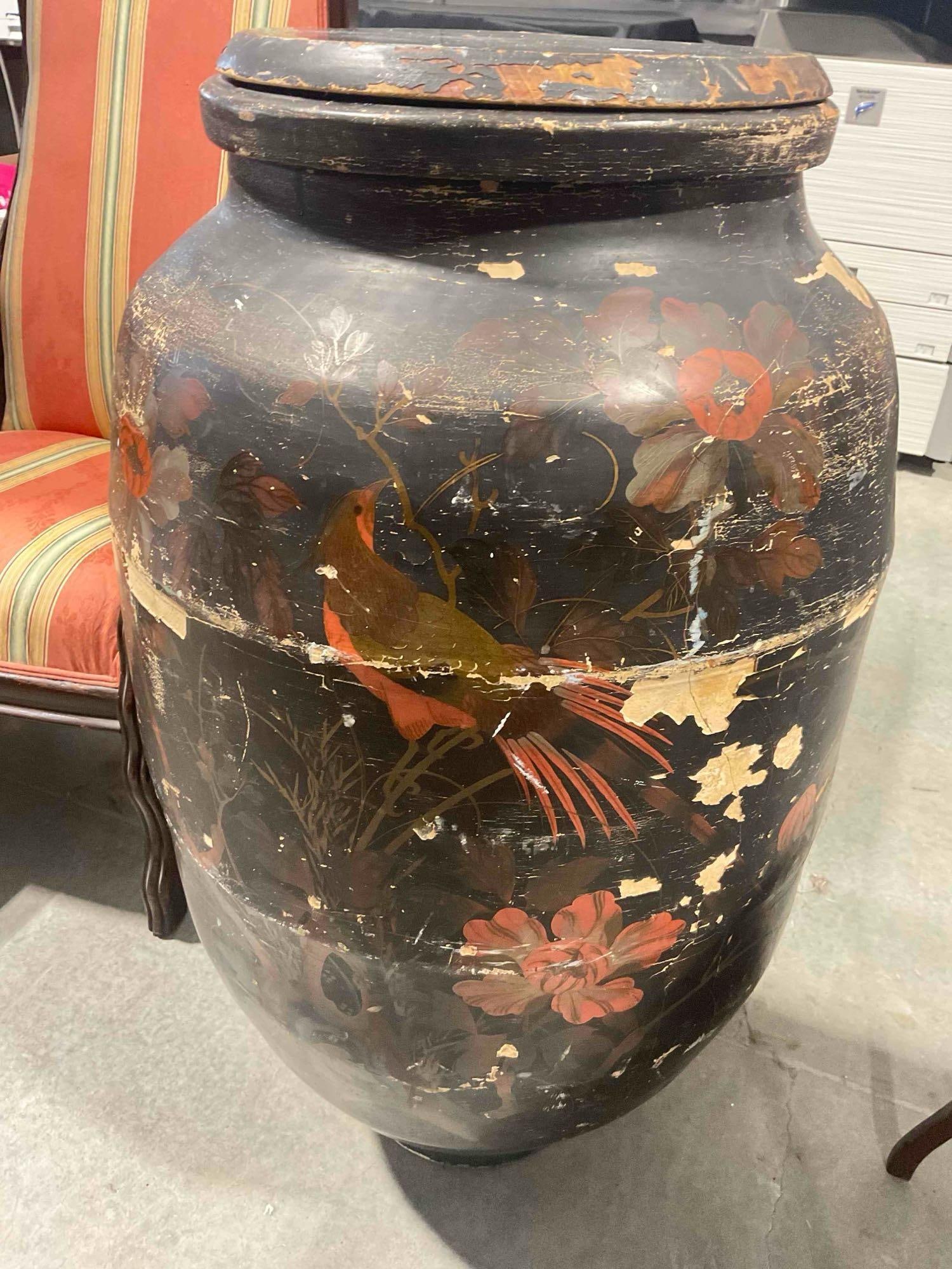 Antique Large Asian Black Painted Ceramic Vase w/ Wooden Lid & Red Floral Motif. See pics. - 4