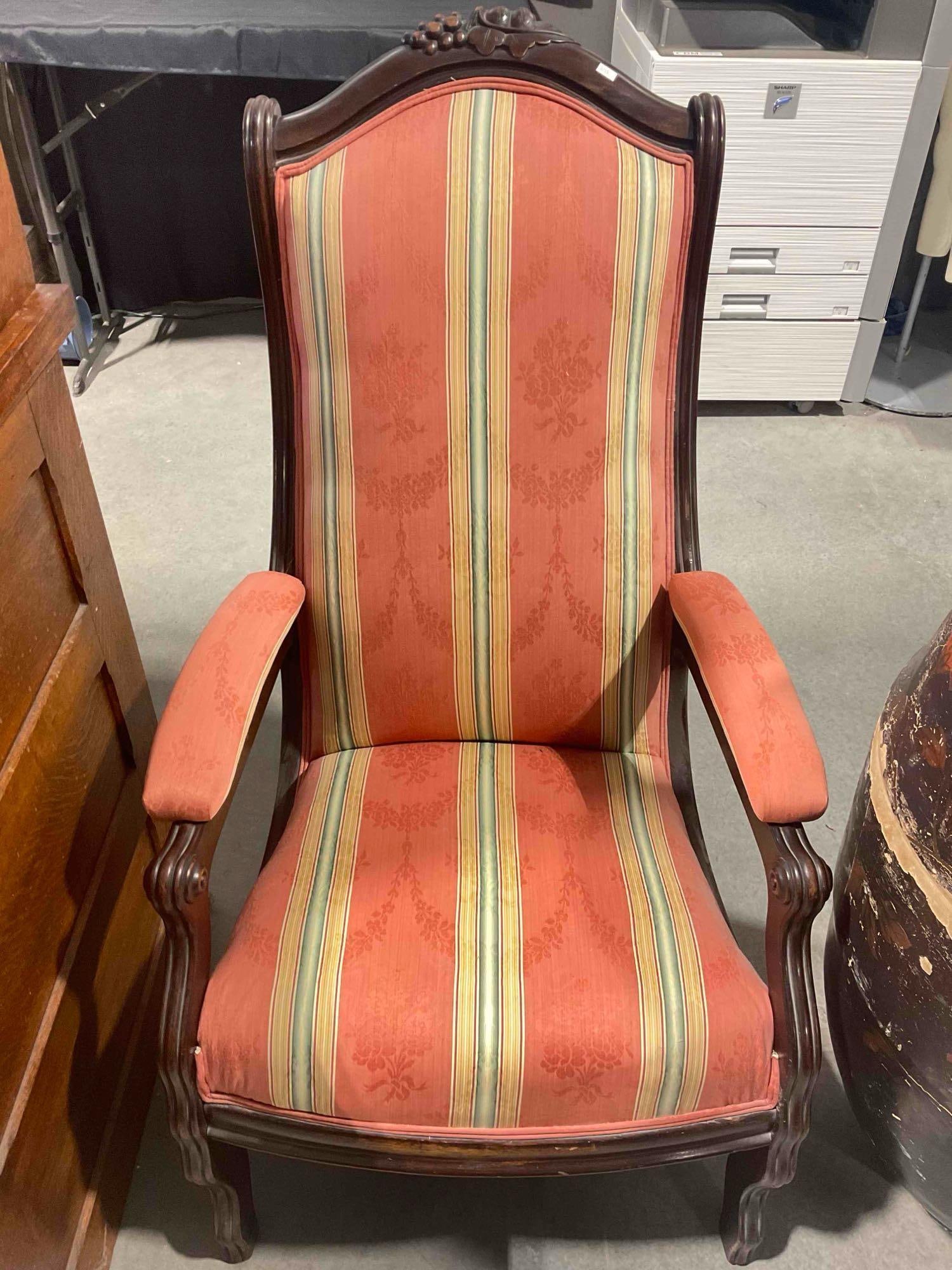 Antique Walnut? Wooden Armchair w/ Coral Striped Upholstery. Excellent Condition. See pics.: Antique Walnut? Wooden Armchair w/ Coral Striped Upholstery. Excellent Condition. Unsure if upholstery is original, fabric is in great shape. Excellent Condition. Measures 24" x 26" x 43" DM-5520 
