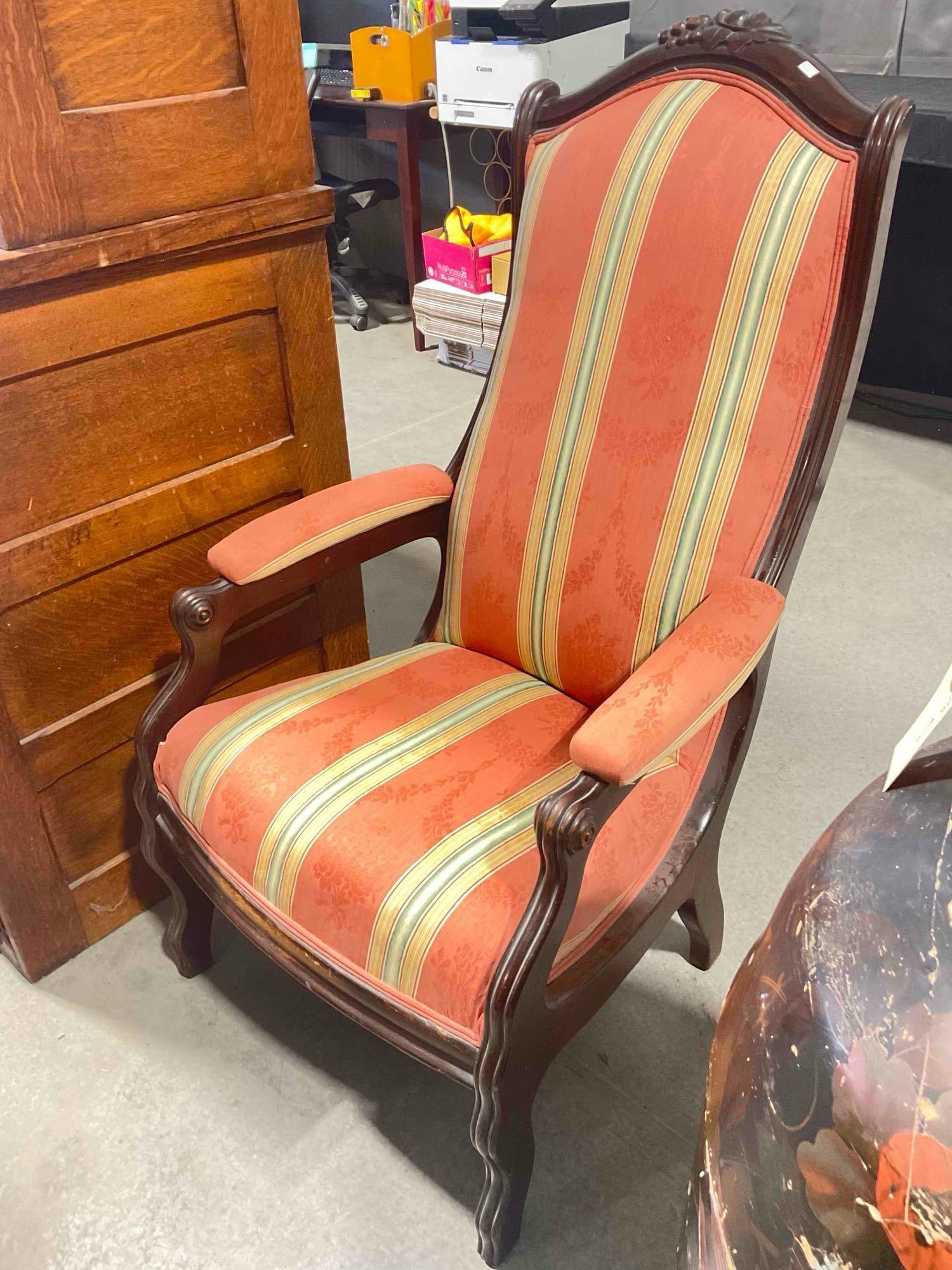 Antique Walnut? Wooden Armchair w/ Coral Striped Upholstery. Excellent Condition. See pics. - 2