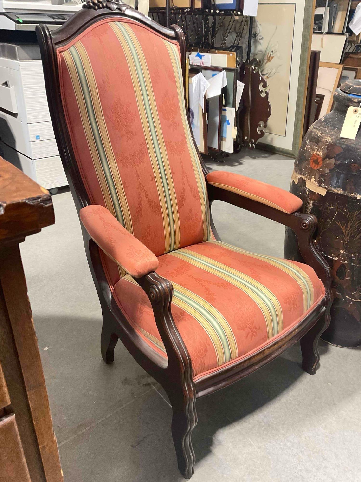 Antique Walnut? Wooden Armchair w/ Coral Striped Upholstery. Excellent Condition. See pics. - 3
