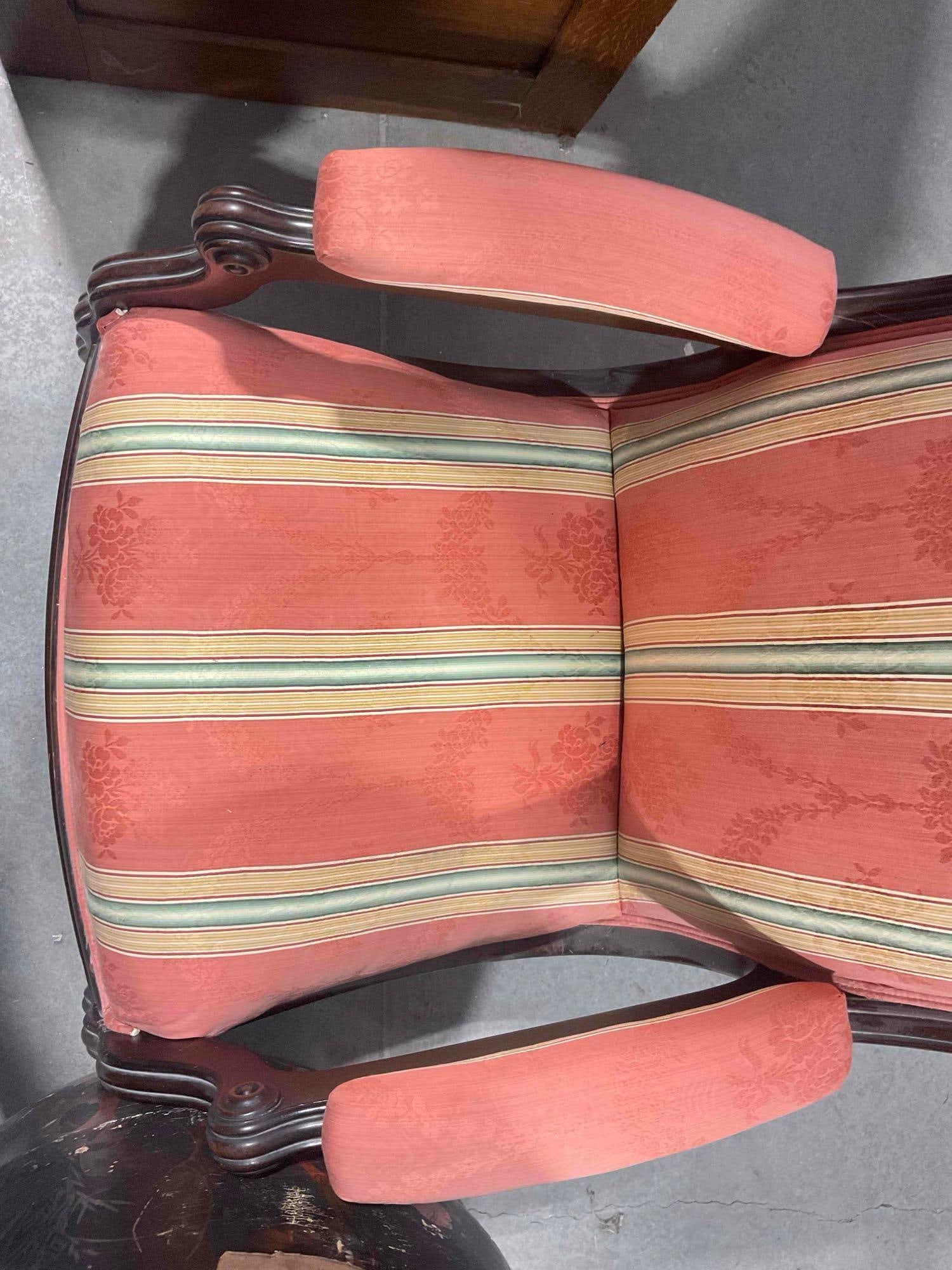 Antique Walnut? Wooden Armchair w/ Coral Striped Upholstery. Excellent Condition. See pics. - 5