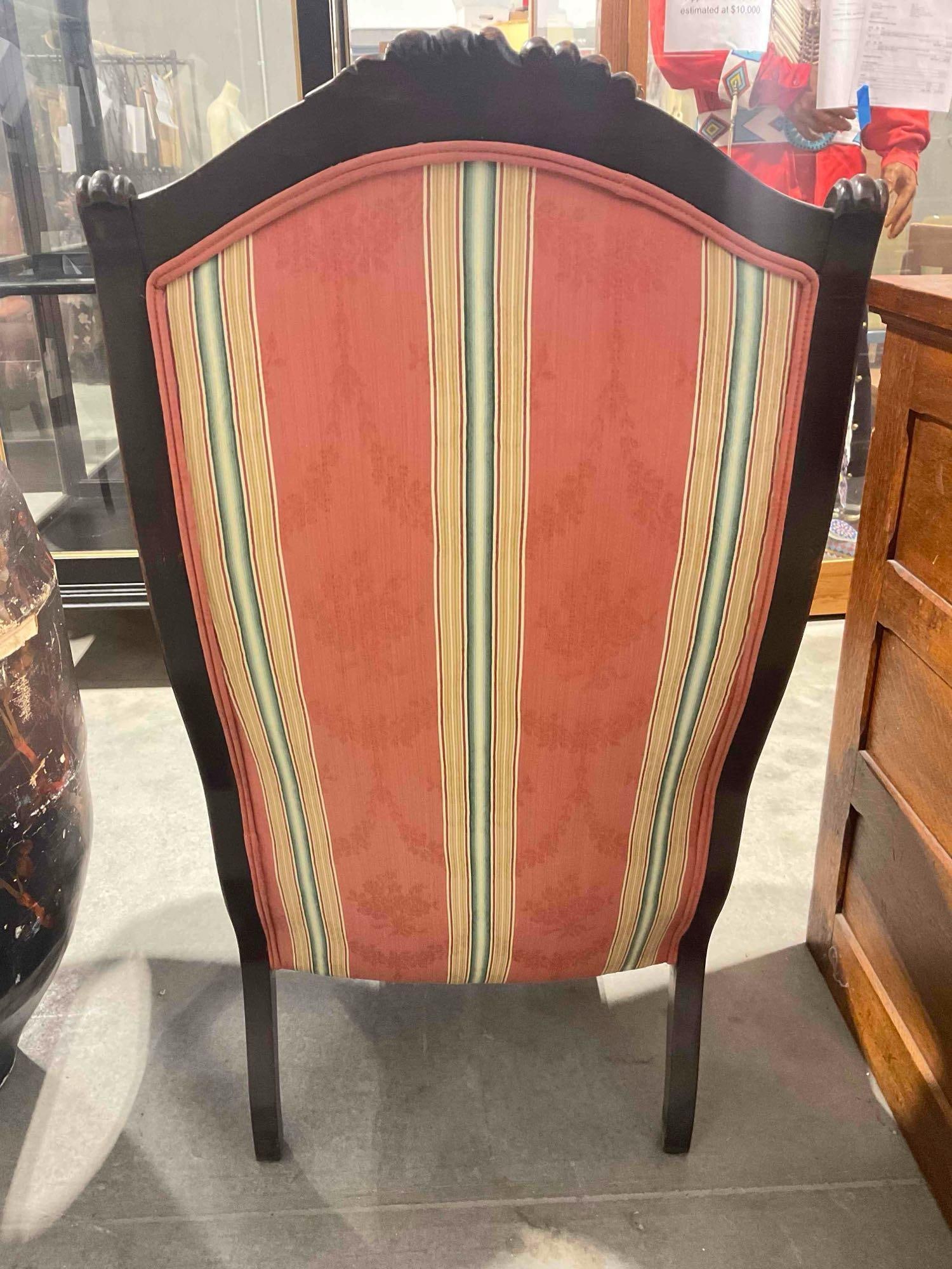 Antique Walnut? Wooden Armchair w/ Coral Striped Upholstery. Excellent Condition. See pics. - 6