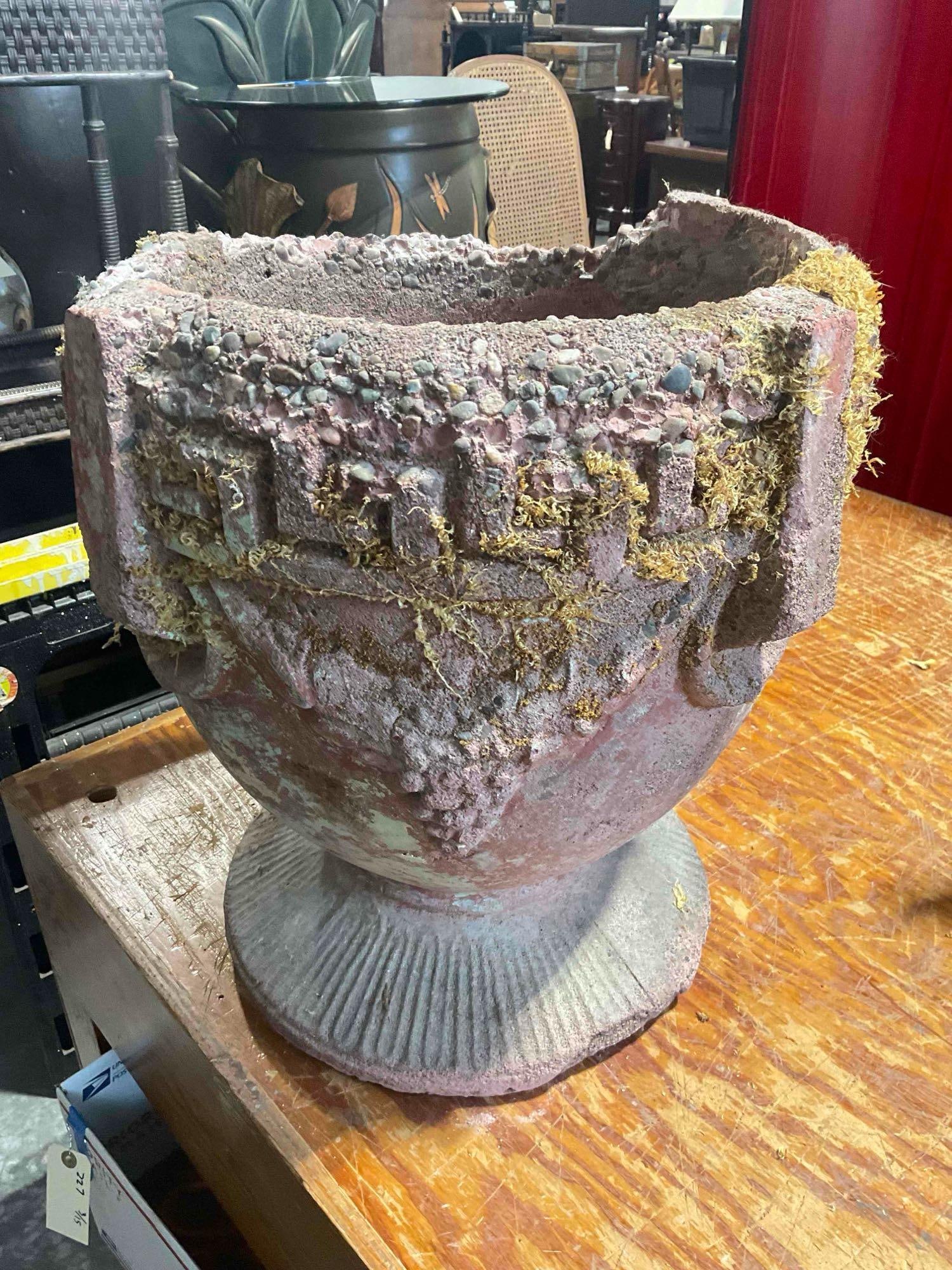 Antique? Painted Pink Cement Garden Planter w/ Greek Key & Grape Motif. As Is Condition. See pics.: Antique? Painted Pink Cement Garden Planter w/ Greek Key & Grape Motif. As Is Condition. Piece is missing a good section of rim, base is cracked, covered in moss, condition as is. Measures 15" x