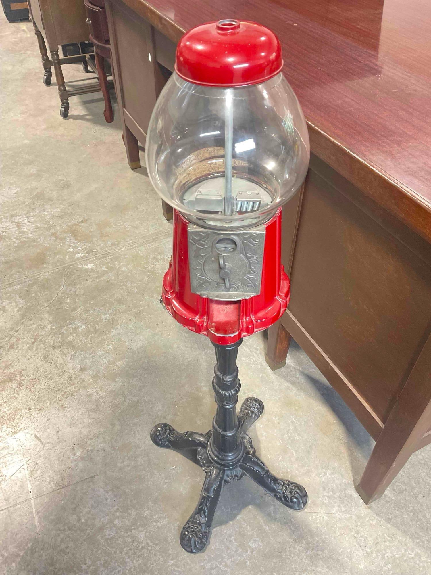 Vintage Metal & Glass Carousel Style Gum Ball Candy Dispenser Machine. As Is Condition.: Vintage Metal & Glass Carousel Style Gum Ball Candy Dispenser Machine. As Is Condition. Missing the mechanism to hold piece together, fragile, condition as is. Measures 16" x 16" x 40"