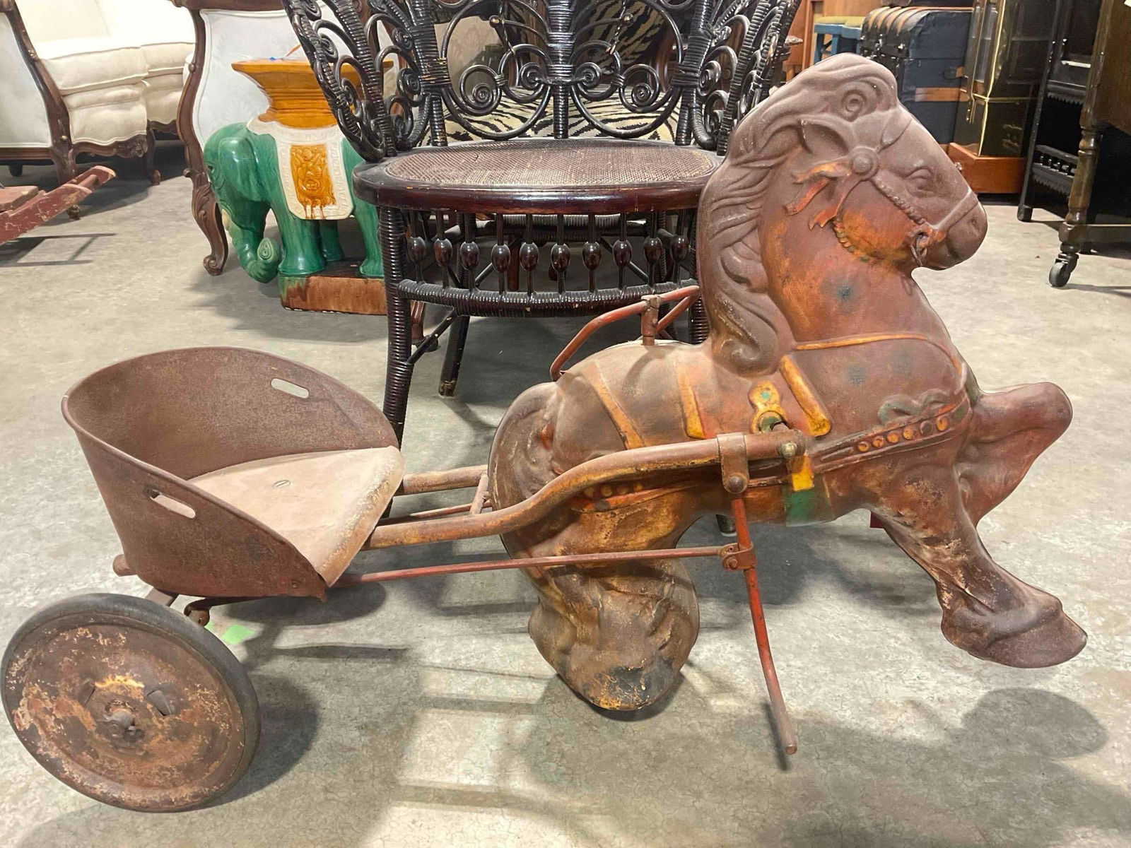 Darling Vintage Pressed Steel Mobo Pony Express Pedal Children's Toy. Good Condition. See pics.: Darling Vintage circa 1940's - 50's Pressed Steel Mobo Pony Express Pedal Children's Toy. Good Condition. Piece is Rusted and has lost much of its paint, has lost a rein, condition is otherwise good.