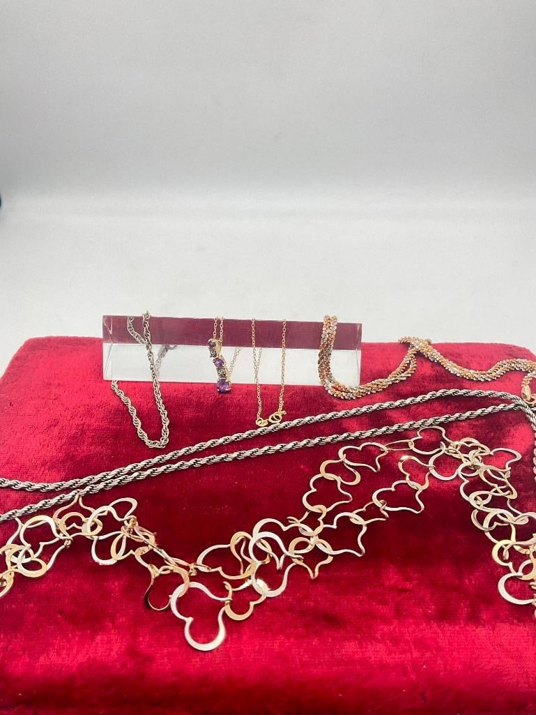 4x Sterling Silver Necklaces 2x Vermeil, 1w/ Amethyst pendant, Vintage Italy ,Heart Link + Bracelet: C-414 5 pieces of sterling silver jewelry total See pics Necklace range in length fro 17 to 22" / Bracelet is 7" in length 42.28 grams TW 