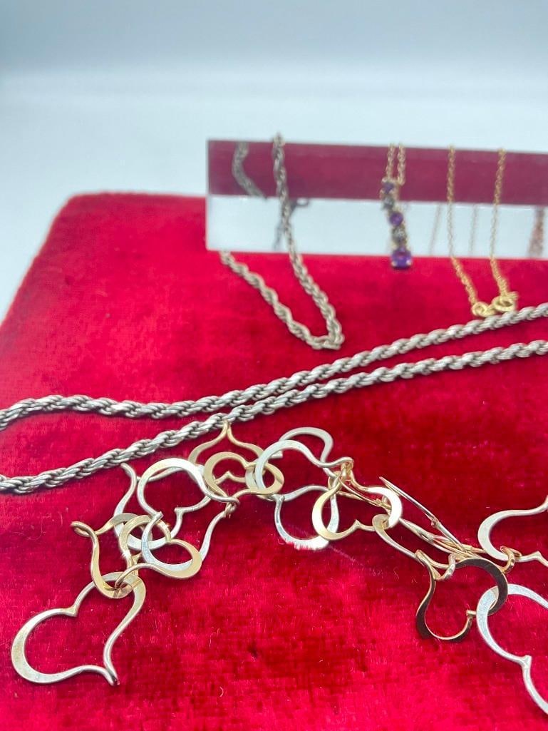 4x Sterling Silver Necklaces 2x Vermeil, 1w/ Amethyst pendant, Vintage Italy ,Heart Link + Bracelet - 2