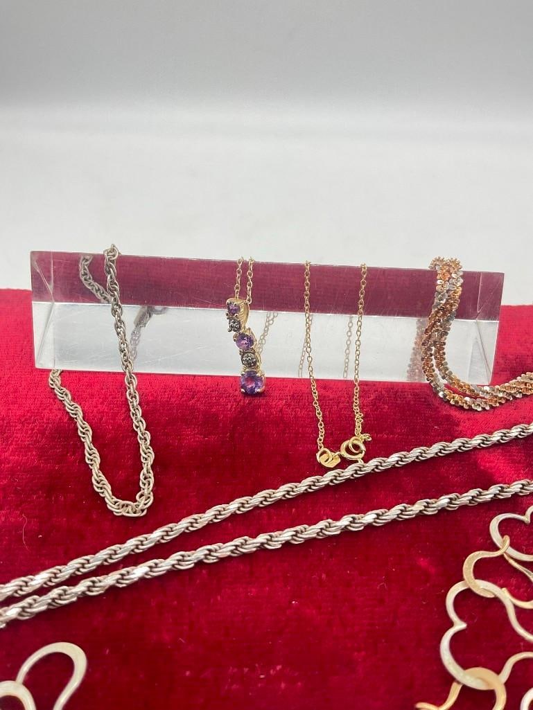 4x Sterling Silver Necklaces 2x Vermeil, 1w/ Amethyst pendant, Vintage Italy ,Heart Link + Bracelet - 4