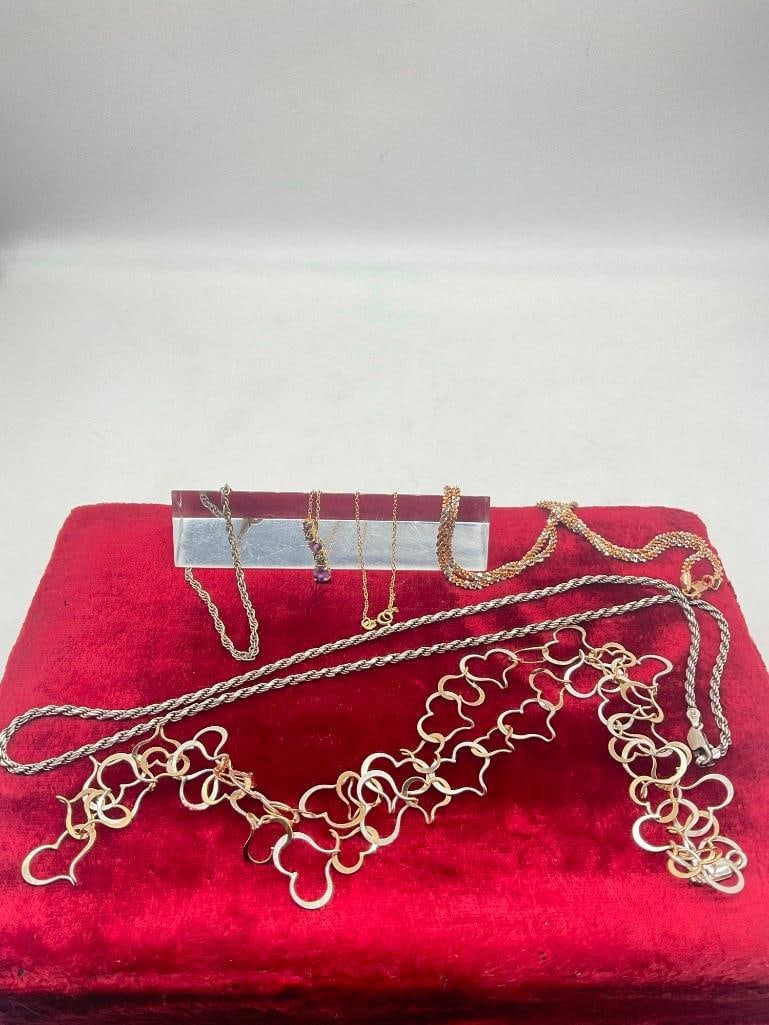 4x Sterling Silver Necklaces 2x Vermeil, 1w/ Amethyst pendant, Vintage Italy ,Heart Link + Bracelet - 5
