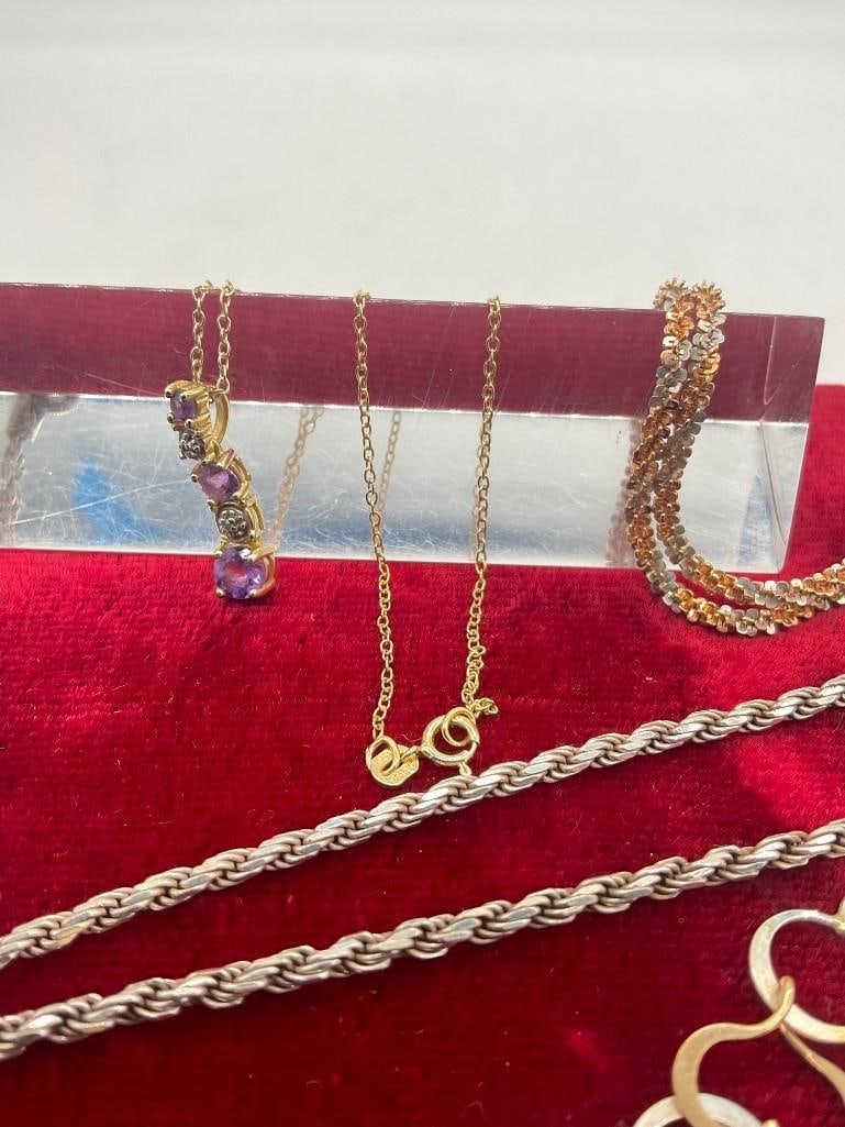 4x Sterling Silver Necklaces 2x Vermeil, 1w/ Amethyst pendant, Vintage Italy ,Heart Link + Bracelet - 6