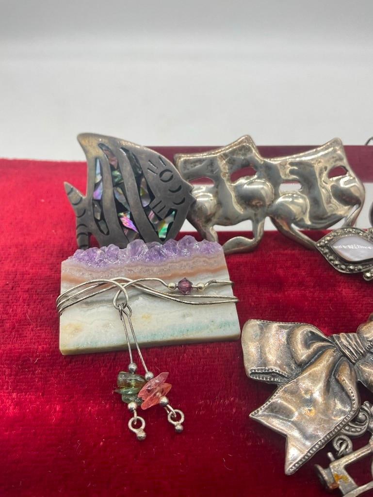 Collection of 5 Antique & Vintage Sterling silver brooches & necklace w/ inscribed pendant - 2