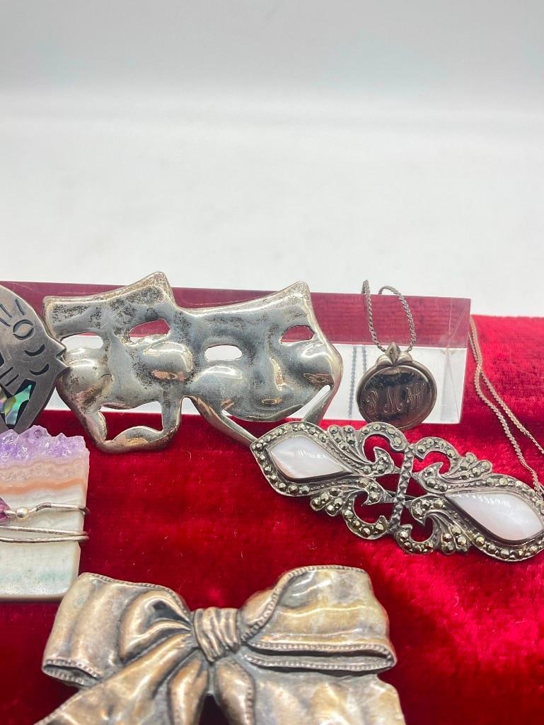 Collection of 5 Antique & Vintage Sterling silver brooches & necklace w/ inscribed pendant - 4