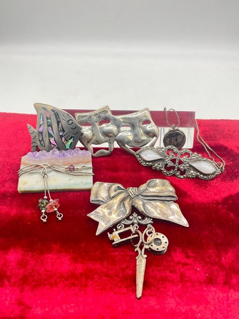 Collection of 5 Antique & Vintage Sterling silver brooches & necklace w/ inscribed pendant - 5