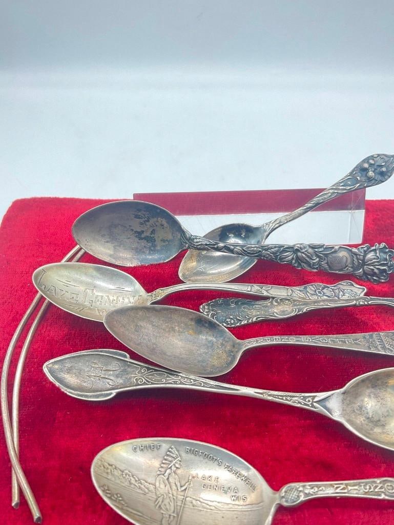 7x Antique Sterling silver teaspoons spoons & 2 pieces of .925 wire includes 3 souvenir spoons - 2