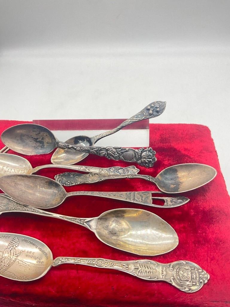 7x Antique Sterling silver teaspoons spoons & 2 pieces of .925 wire includes 3 souvenir spoons - 3