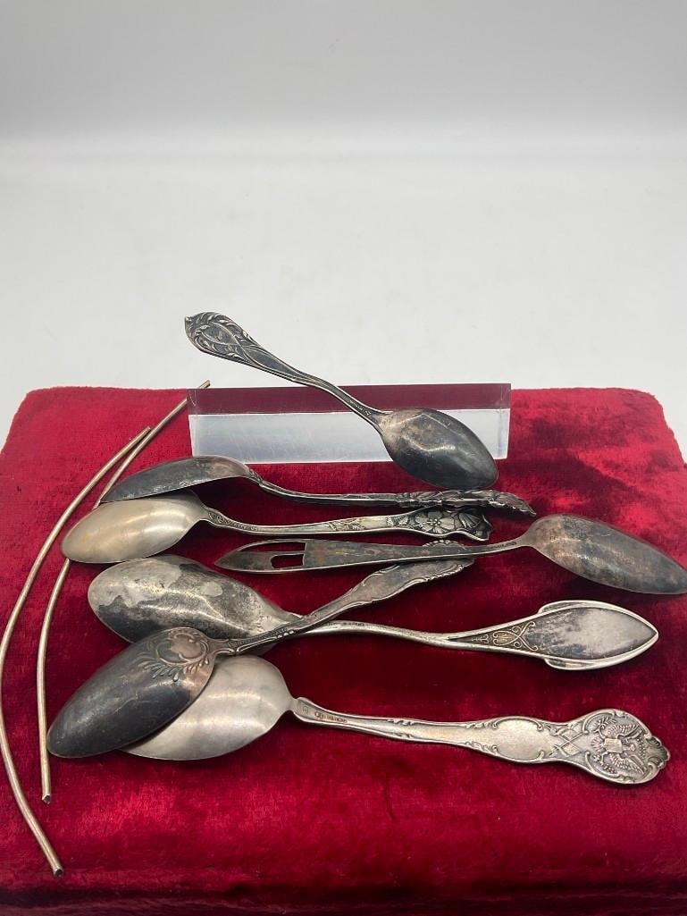 7x Antique Sterling silver teaspoons spoons & 2 pieces of .925 wire includes 3 souvenir spoons - 4