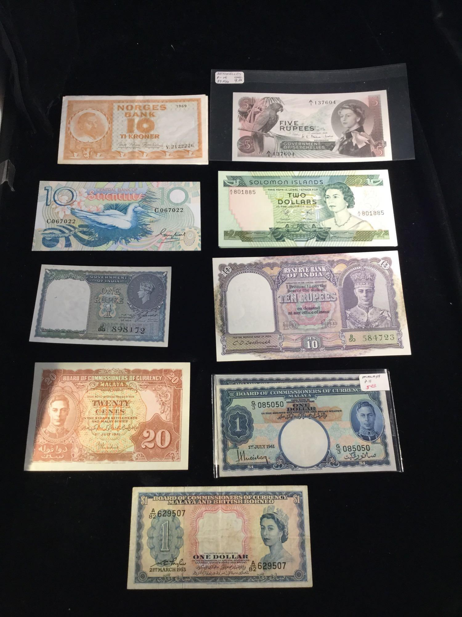 Set of 17 uncirculated bank notes from the Solomon Islands, Seychelles, and India (1 of 11)