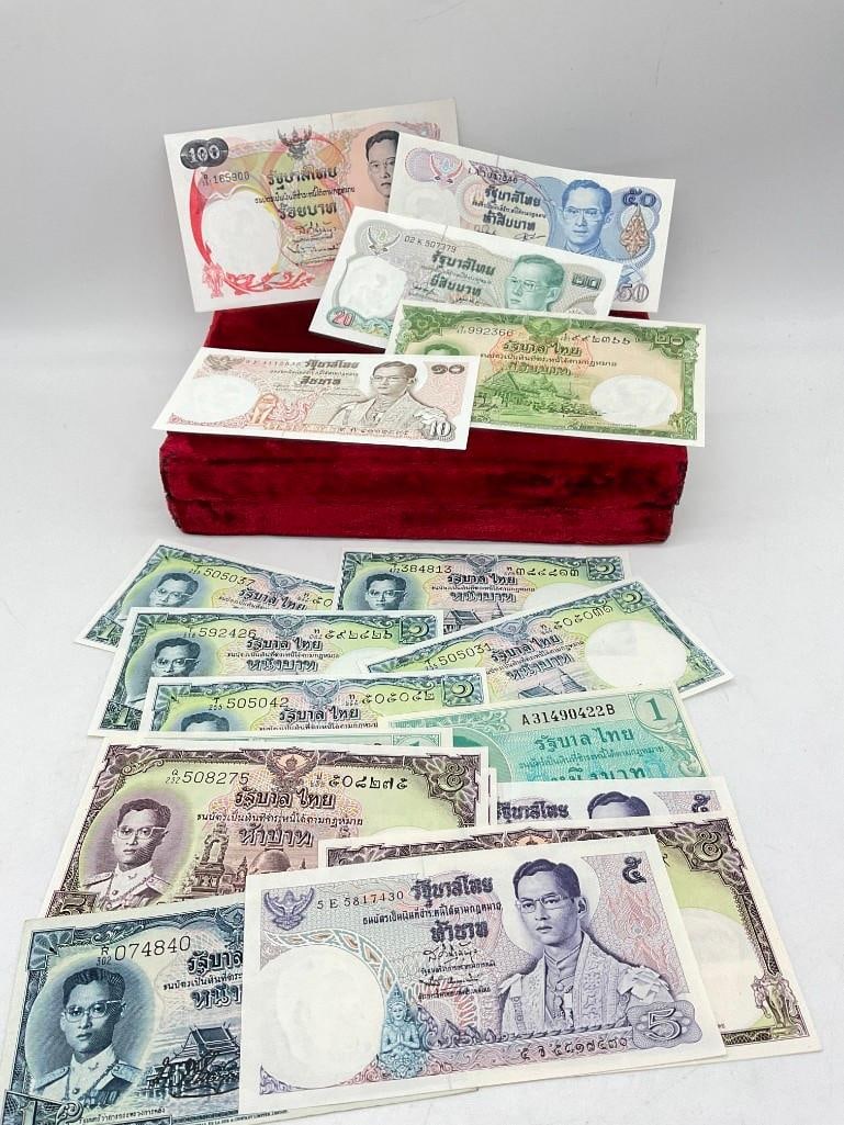 Selection of mostly Uncirculated 1946 to 1996 Thailand 1 to 100 Bath Notes see description: c-414 6 x 1955 / 1 Baht appears to be Uncirculated 2 x 1946 / 1 Baht notes appear to be Uncirculated 3 x 1956 5 Baht Notes appear to be Uncirculated 1x 1969 10 Baht ,