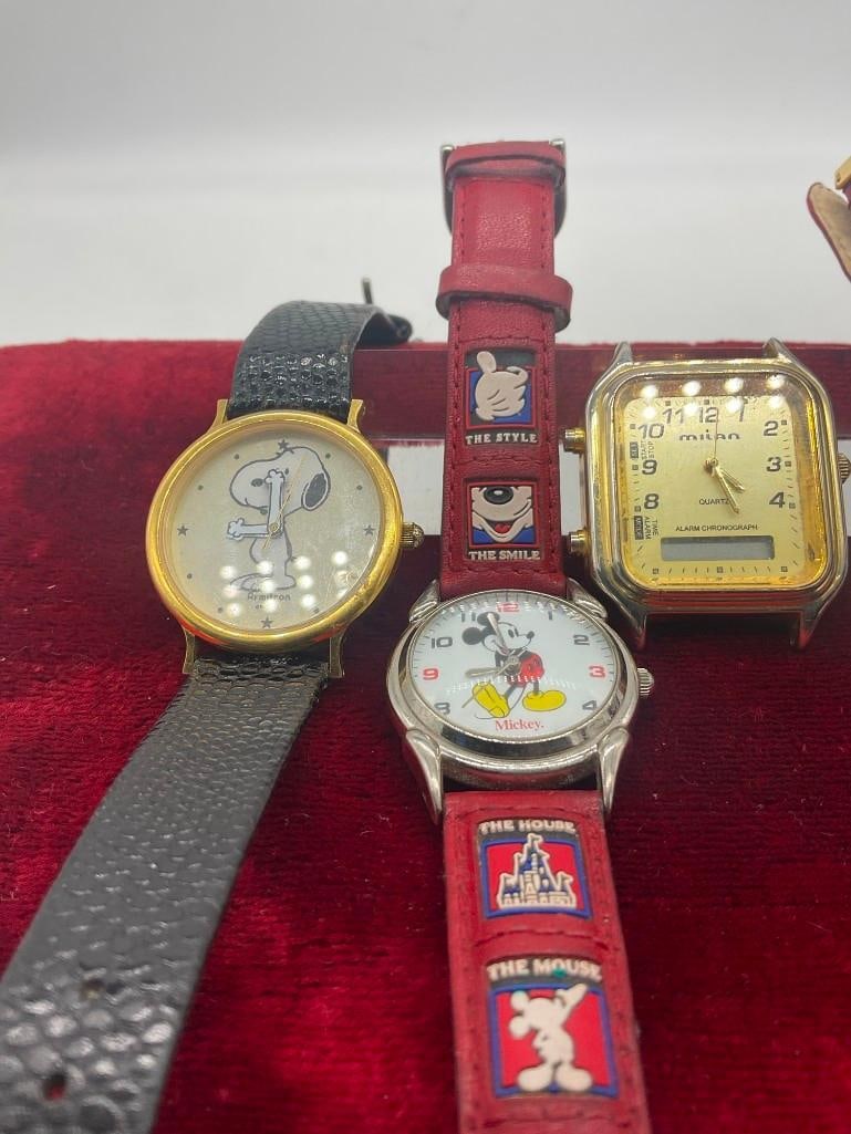 4 x vintage wrist watches,1958 gold toned Amitron Snoopy , 2 x Mickey Mouse , Milan Alarm Chronog... - 2