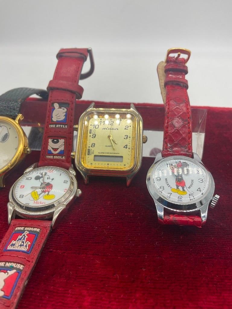 4 x vintage wrist watches,1958 gold toned Amitron Snoopy , 2 x Mickey Mouse , Milan Alarm Chronog... - 3
