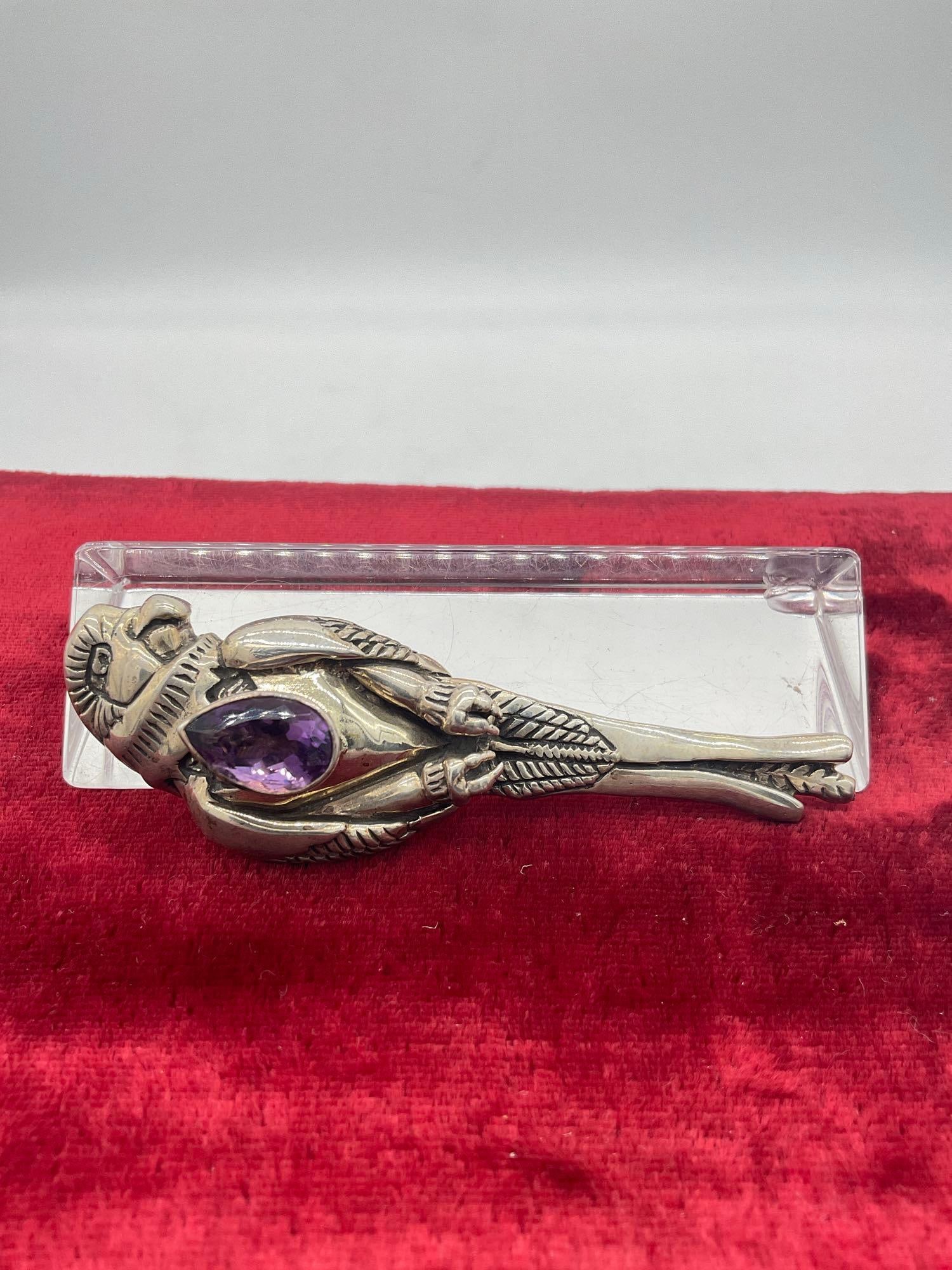 1989 Carol Felley Sterling silver large Parrot brooch/pendant with large amethyst crystal setting - 2