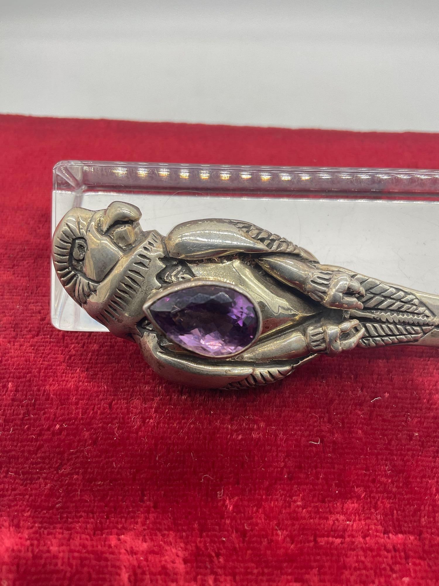 1989 Carol Felley Sterling silver large Parrot brooch/pendant with large amethyst crystal setting - 3