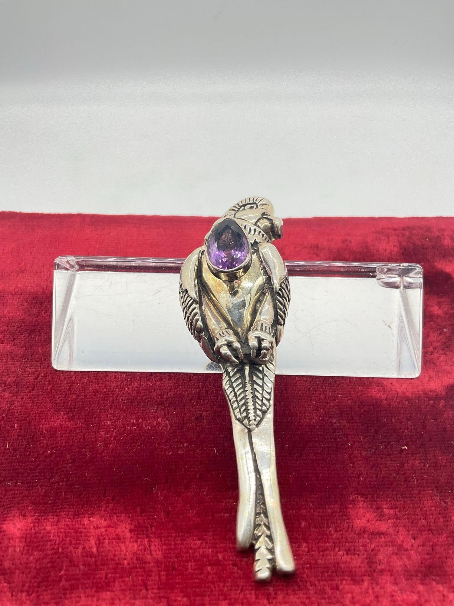 1989 Carol Felley Sterling silver large Parrot brooch/pendant with large amethyst crystal setting - 5