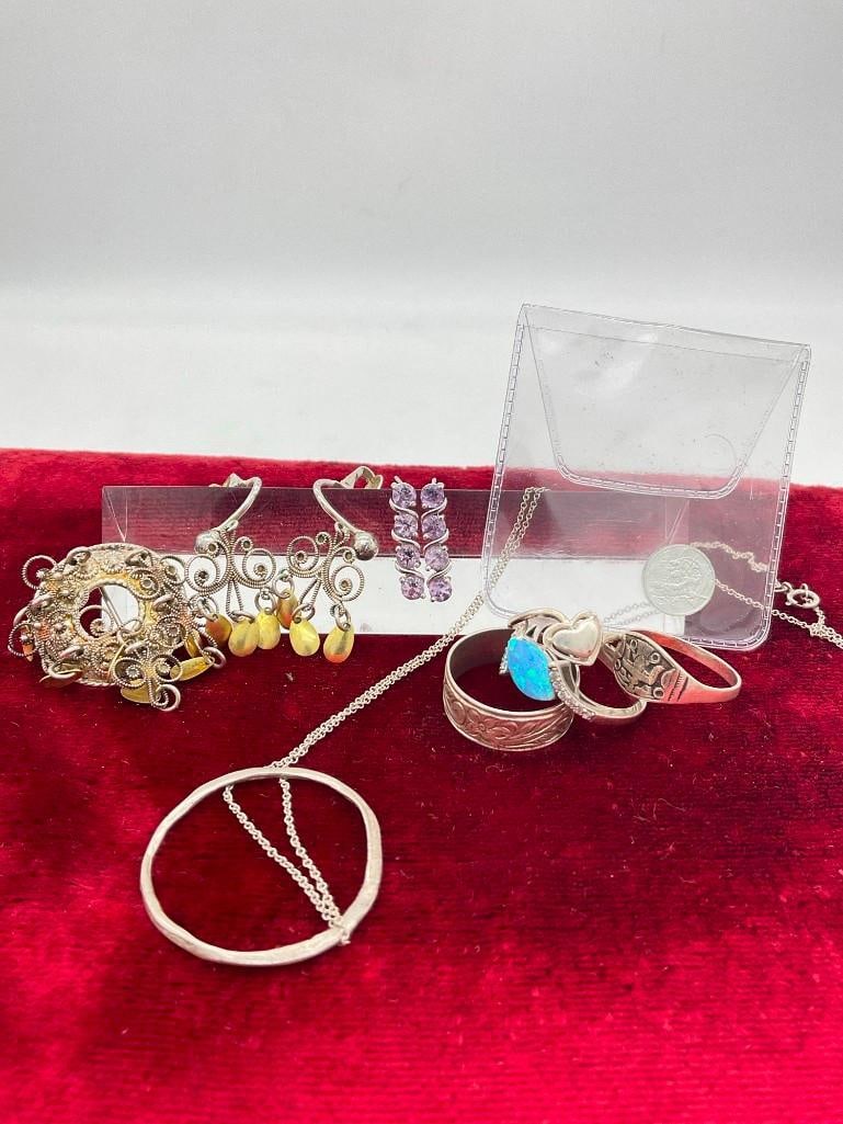 4 x Sterling silver rings , 1 necklace , Vintage 800 silver European Pin & matching earrings PLUS: c-414 Plus miniature Sterling silver 1976 Franklin Mint 1813 battle of Lake Erie commemorative and set of sterling silver dangle earrings w/ Amethyst stones all marked. Rings are
