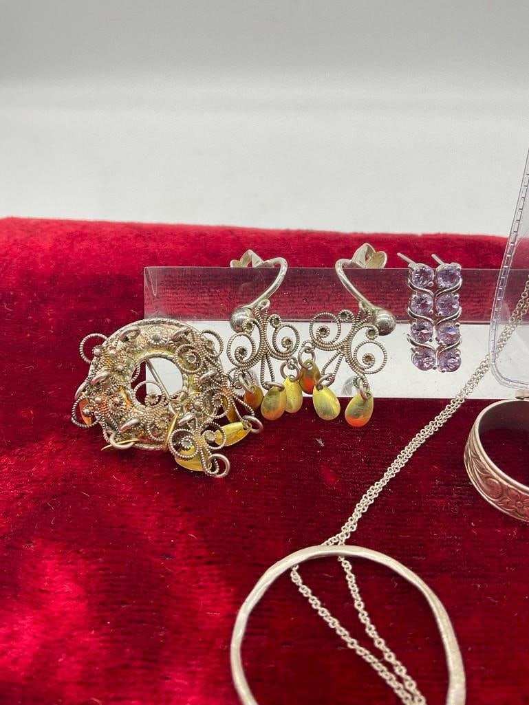 4 x Sterling silver rings , 1 necklace , Vintage 800 silver European Pin & matching earrings PLUS - 2