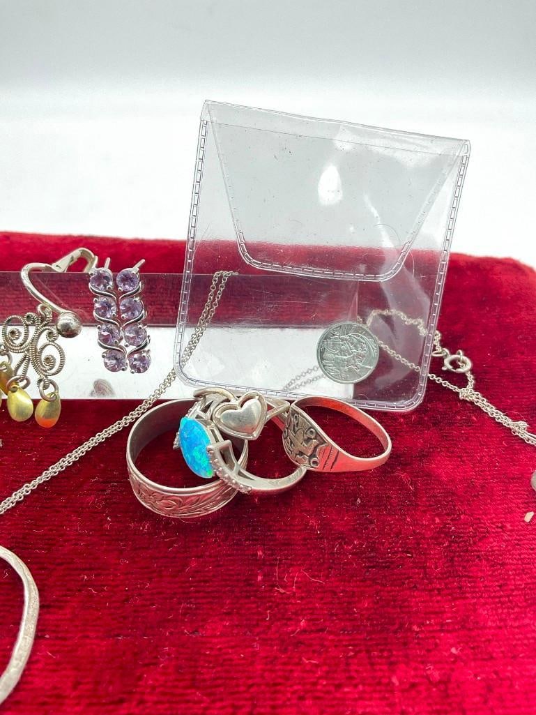 4 x Sterling silver rings , 1 necklace , Vintage 800 silver European Pin & matching earrings PLUS - 3