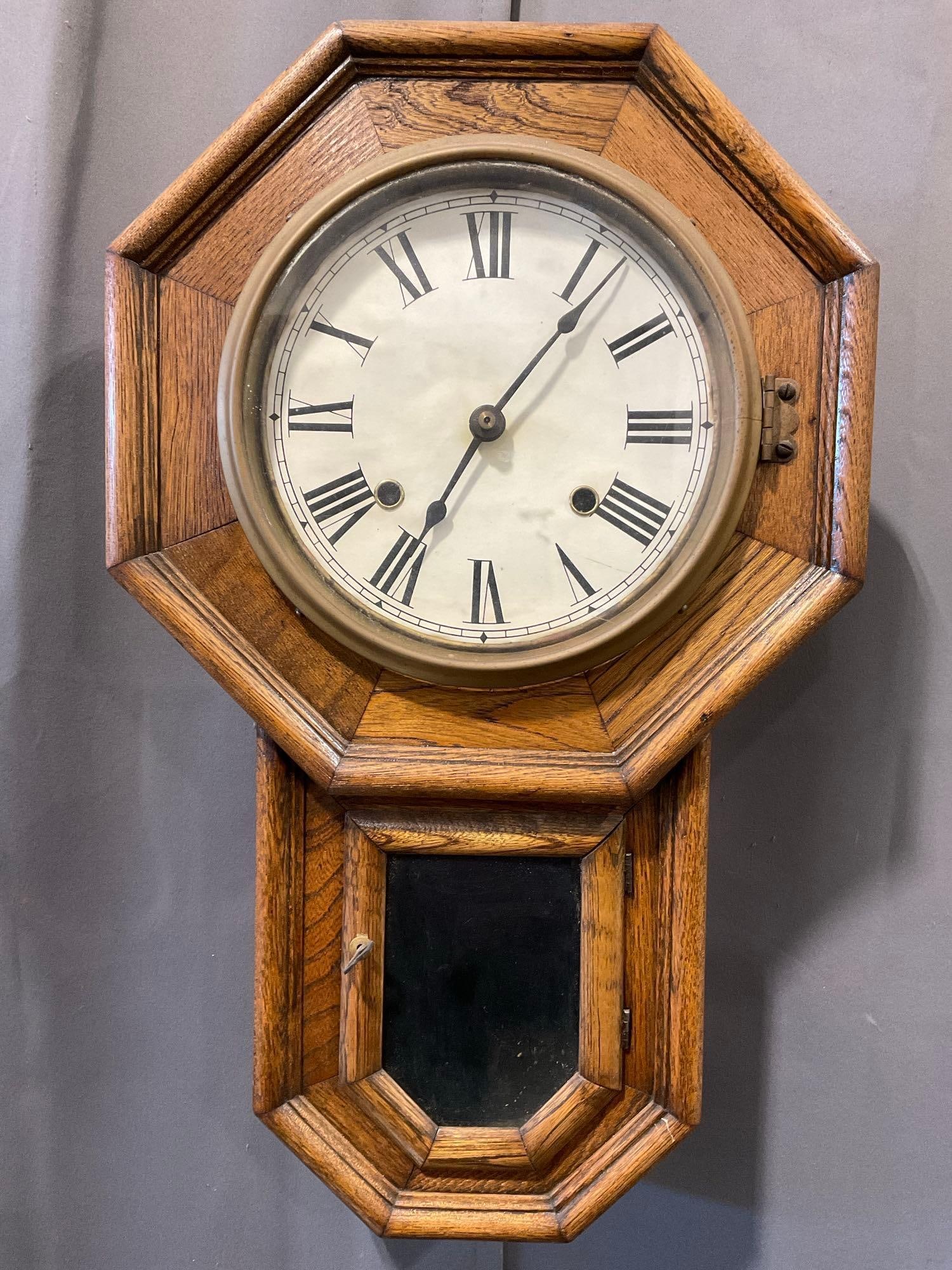 Early 20th Century Oak Wooden Regulator Time Strike Clock, 21h x 12w x 7d inches (1 of 5)