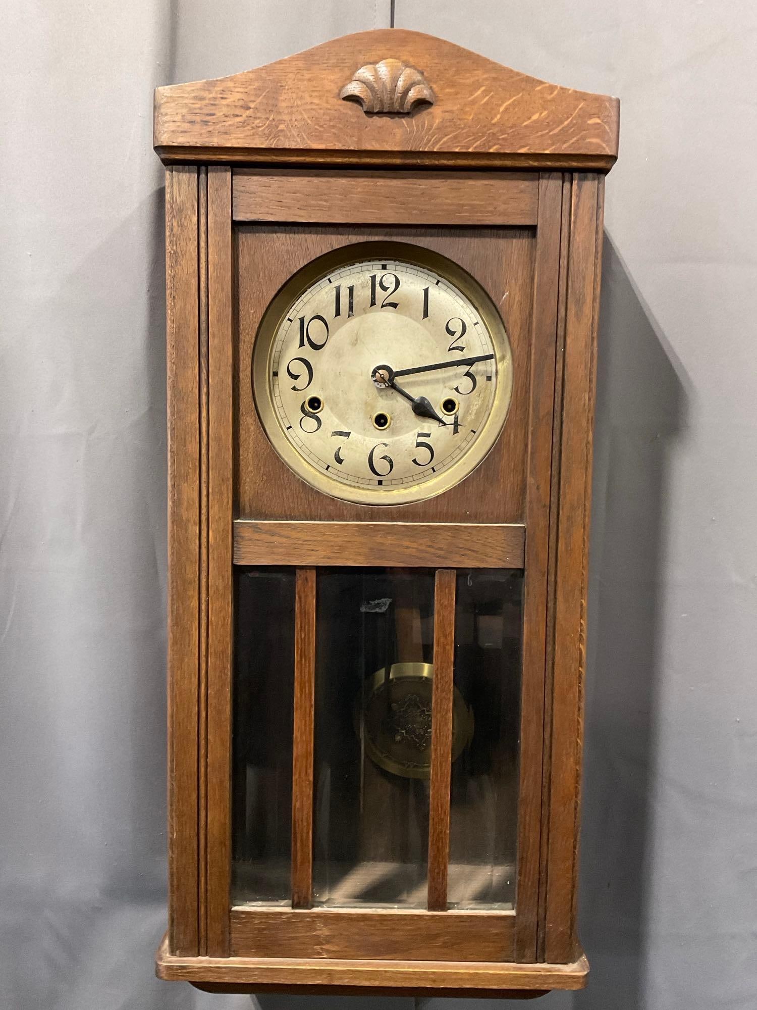 Early 20th Century Antique German Oak 8 Day Wall Clock, 32h x 14w x 8d inches (1 of 6)