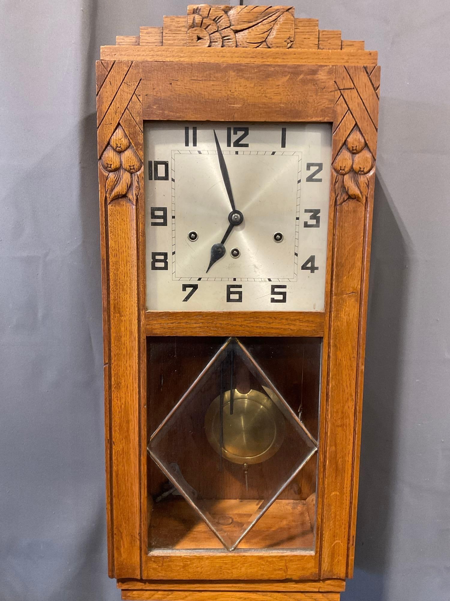 Vintage Art Deco 8 Day Chime Wall Clock, Fruit Carved Oak, Time Strike Chime, 28h x 13w x 8d inches (1 of 6)