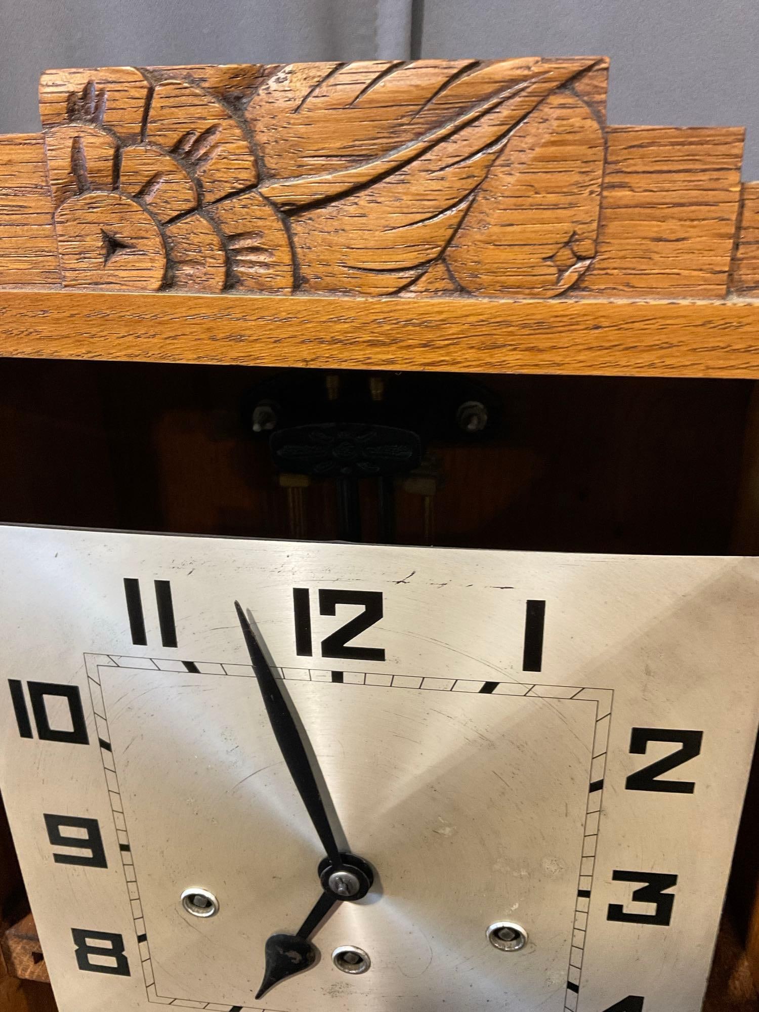 Vintage Art Deco 8 Day Chime Wall Clock, Fruit Carved Oak, Time Strike Chime, 28h x 13w x 8d inches - 4