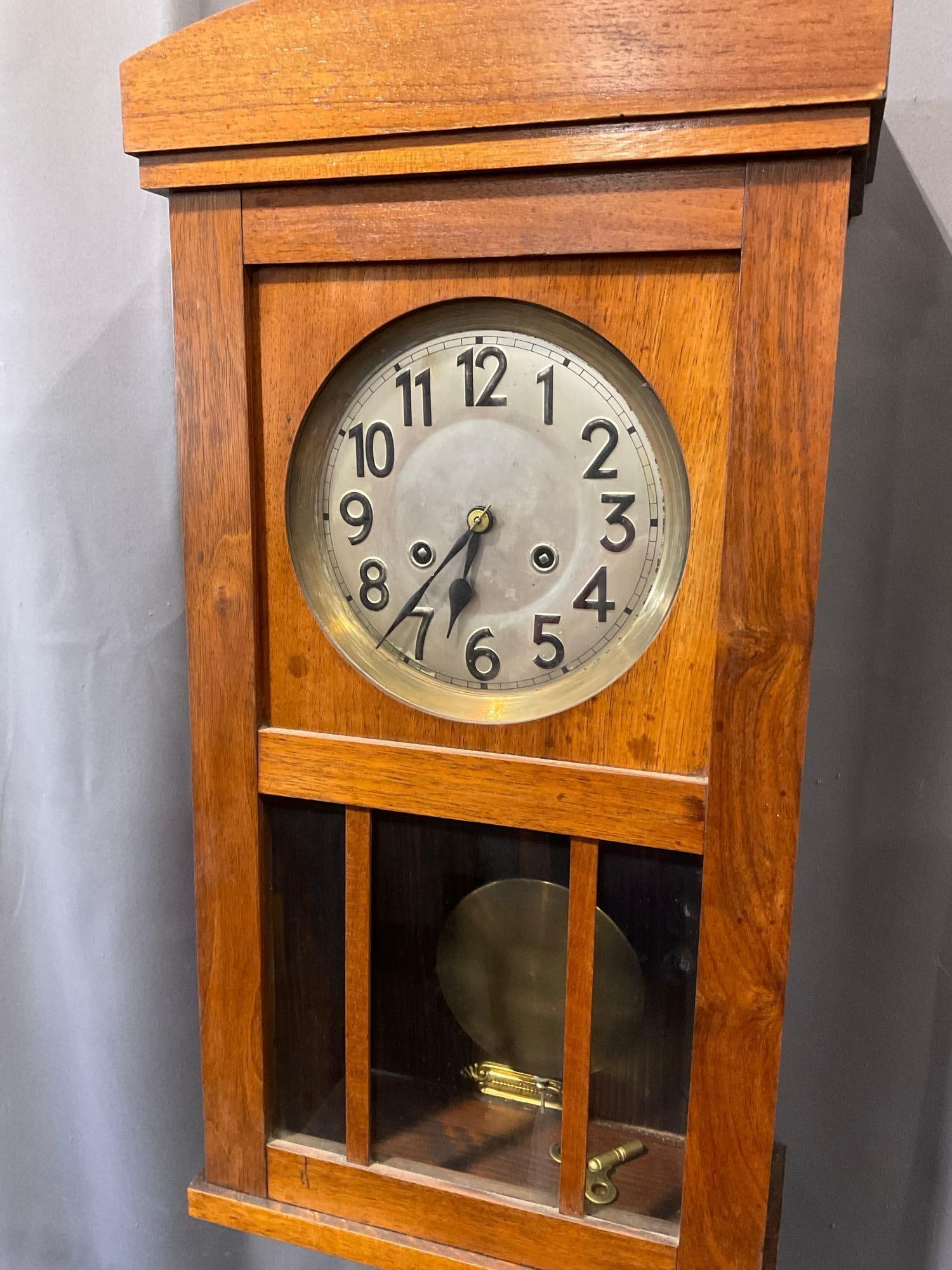 Early 20th Century German Wall Clock, Time Strike, w/silver tone face, 25h x 13w x 7d inches - 2