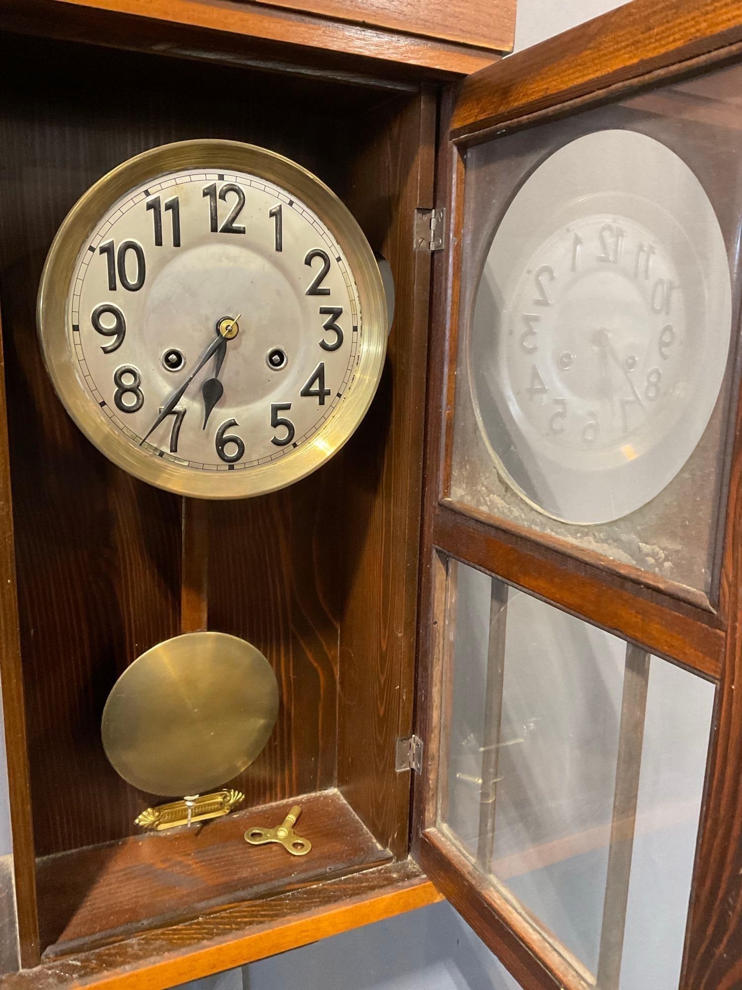 Early 20th Century German Wall Clock, Time Strike, w/silver tone face, 25h x 13w x 7d inches - 3