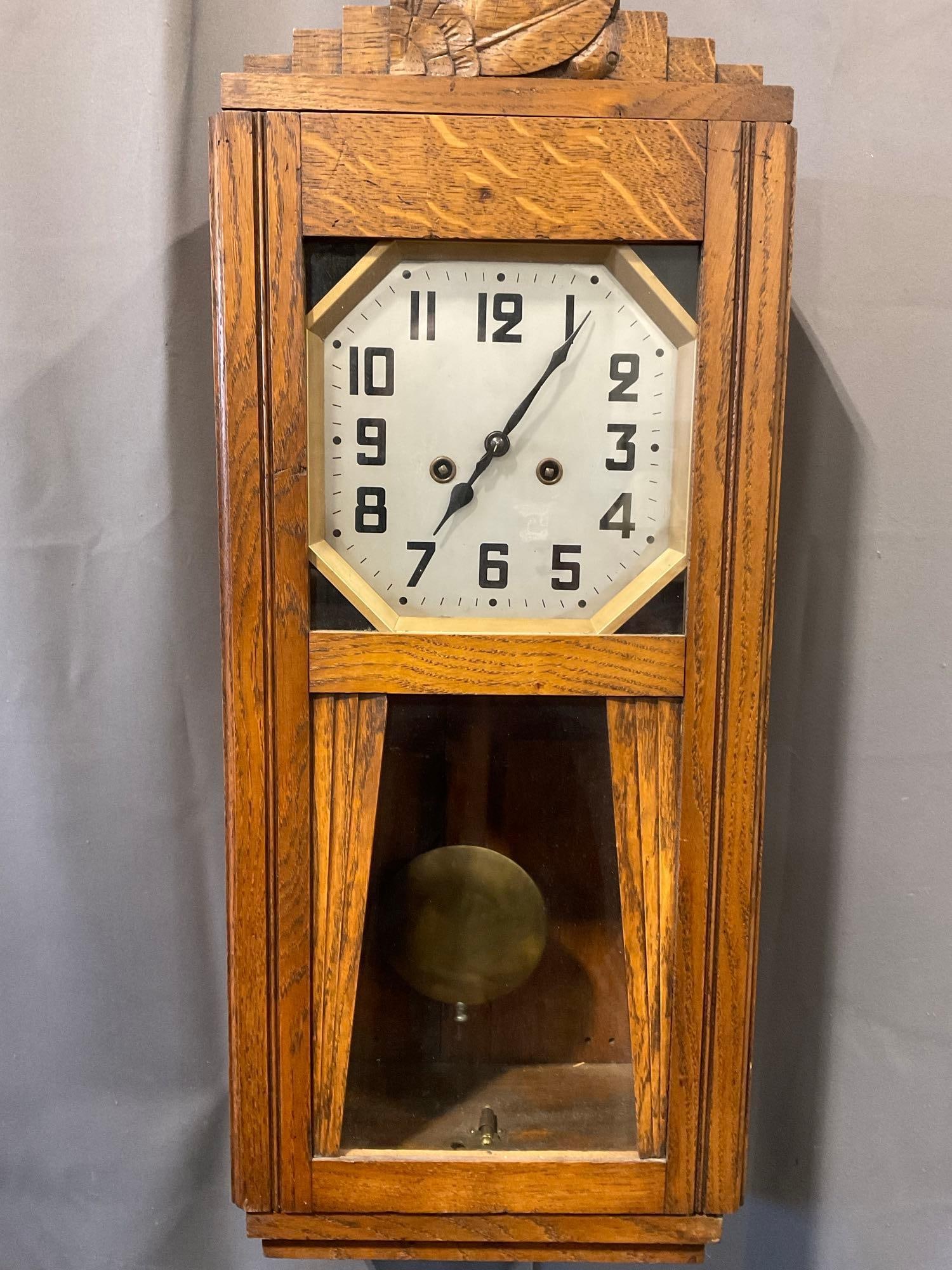 Early 20th Century Art Deco Oak Wall Clock, 8 day Westminster Chime, 28h x 13w x 7d inches (1 of 7)