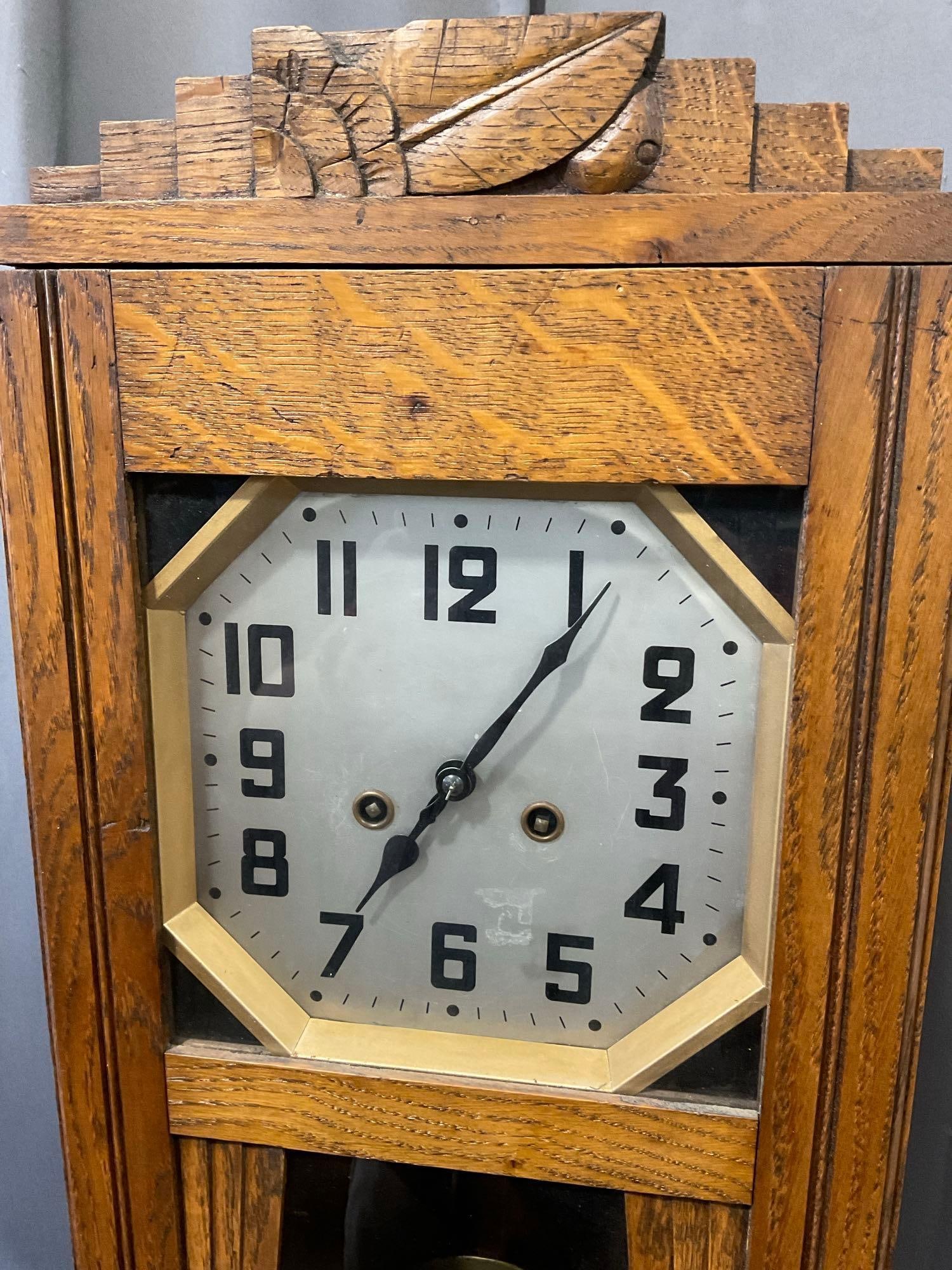 Early 20th Century Art Deco Oak Wall Clock, 8 day Westminster Chime, 28h x 13w x 7d inches - 2